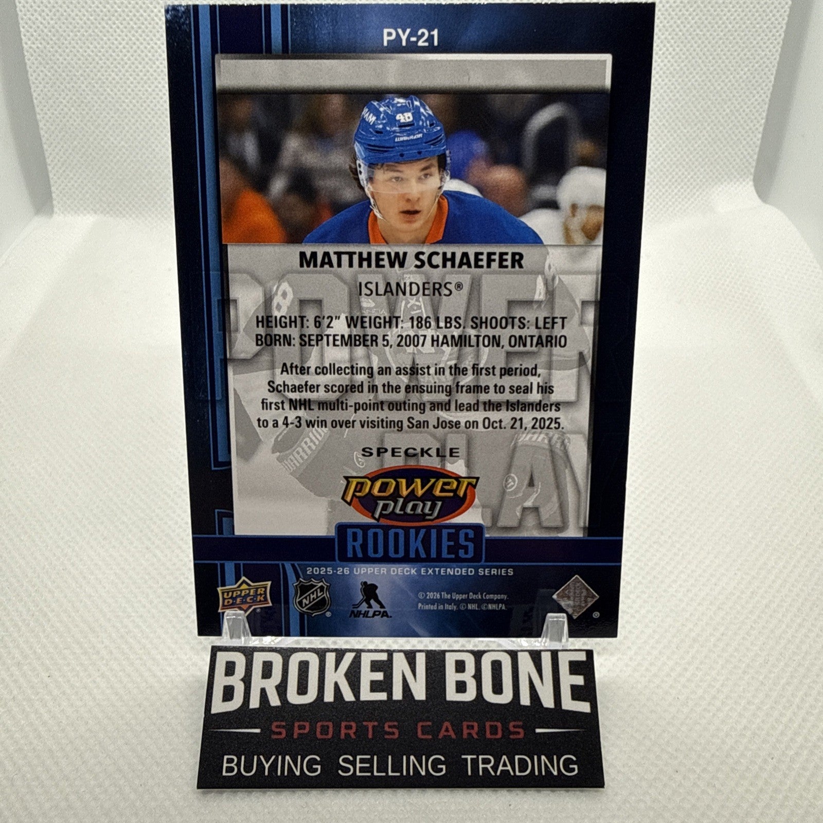Matthew Schaefer 2025-26 Upper Deck Speckle Power Play Rookies NY Islanders