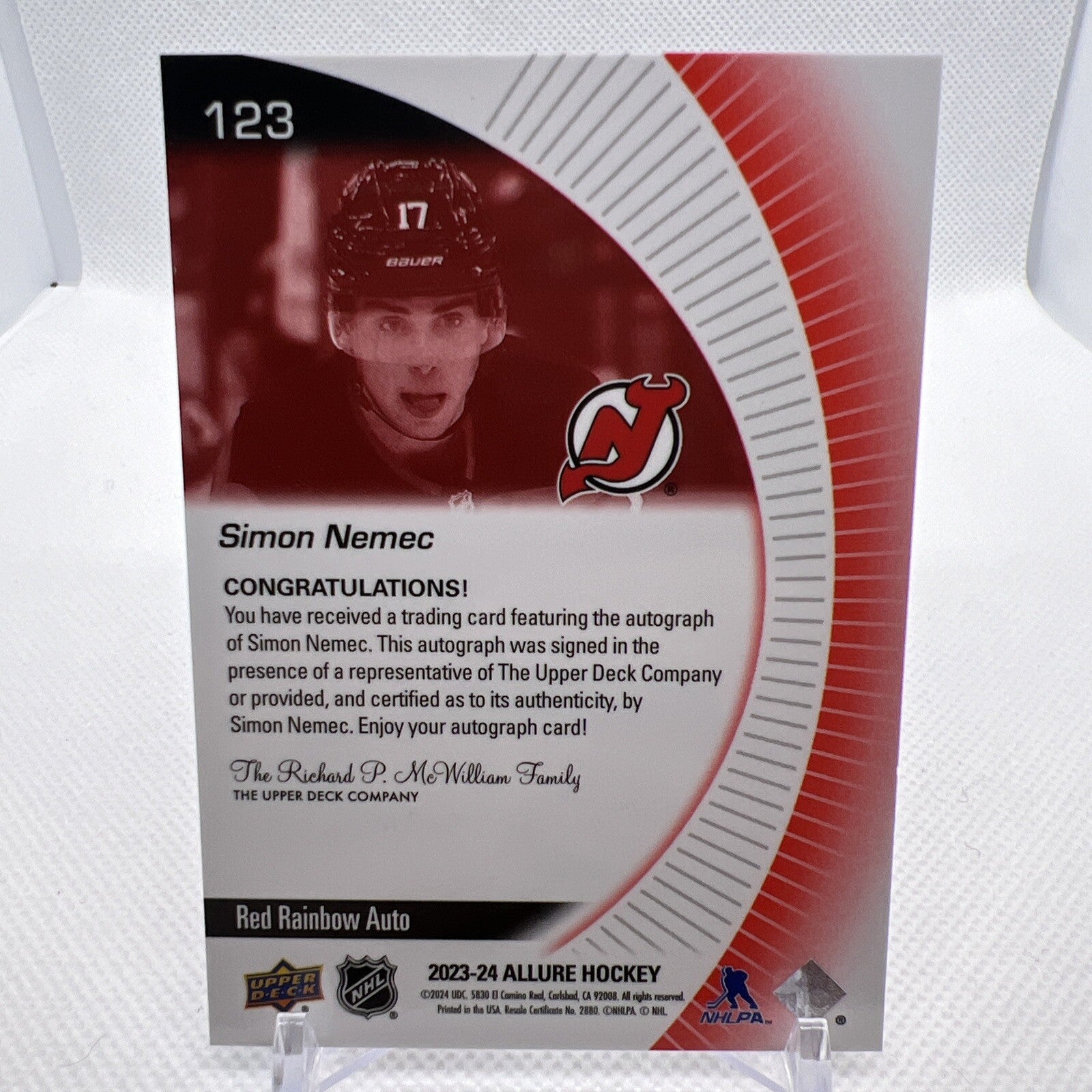 Simon Nemec 2023-24 Allure Red Rainbow Rookie Auto New Jersey Devils
