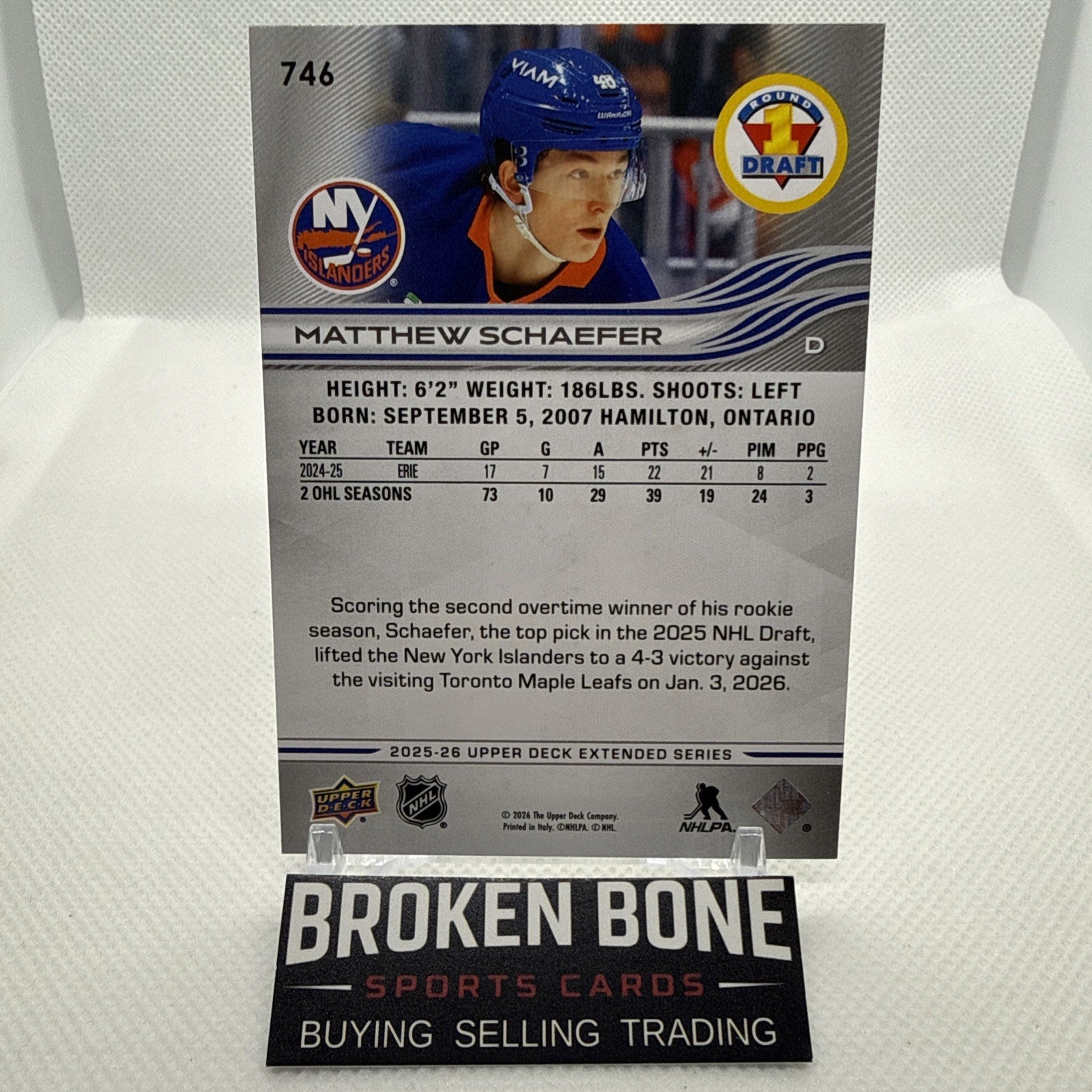 Matthew Schaefer 2025-26 Upper Deck 1st Round Draft Rookie New York Islanders