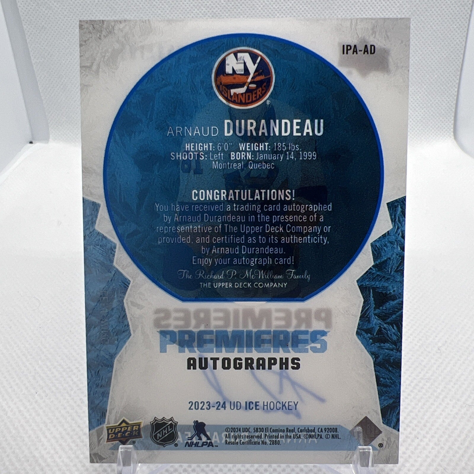 Arnaud Durandeau 2023-24 Ice Premieres Autographs /199 New York Islanders