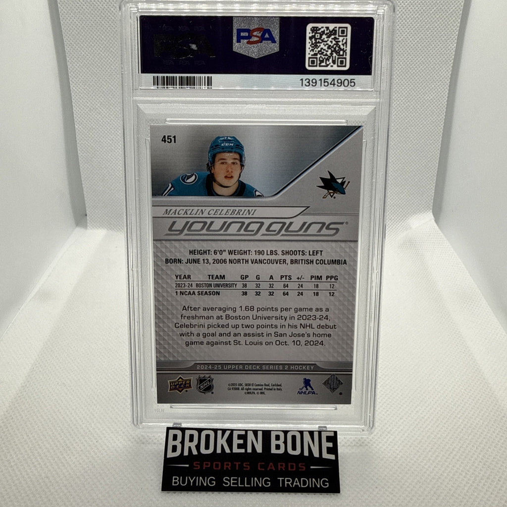 Macklin Celebrini 2025 Upper Deck Young Guns Rookie PSA 10 San Jose Sharks