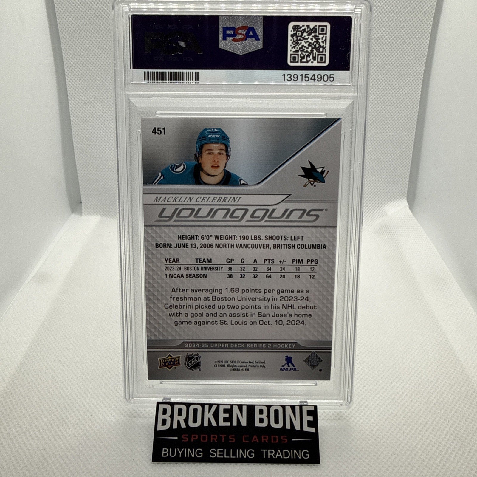 Macklin Celebrini 2025 Upper Deck Young Guns Rookie PSA 10 San Jose Sharks