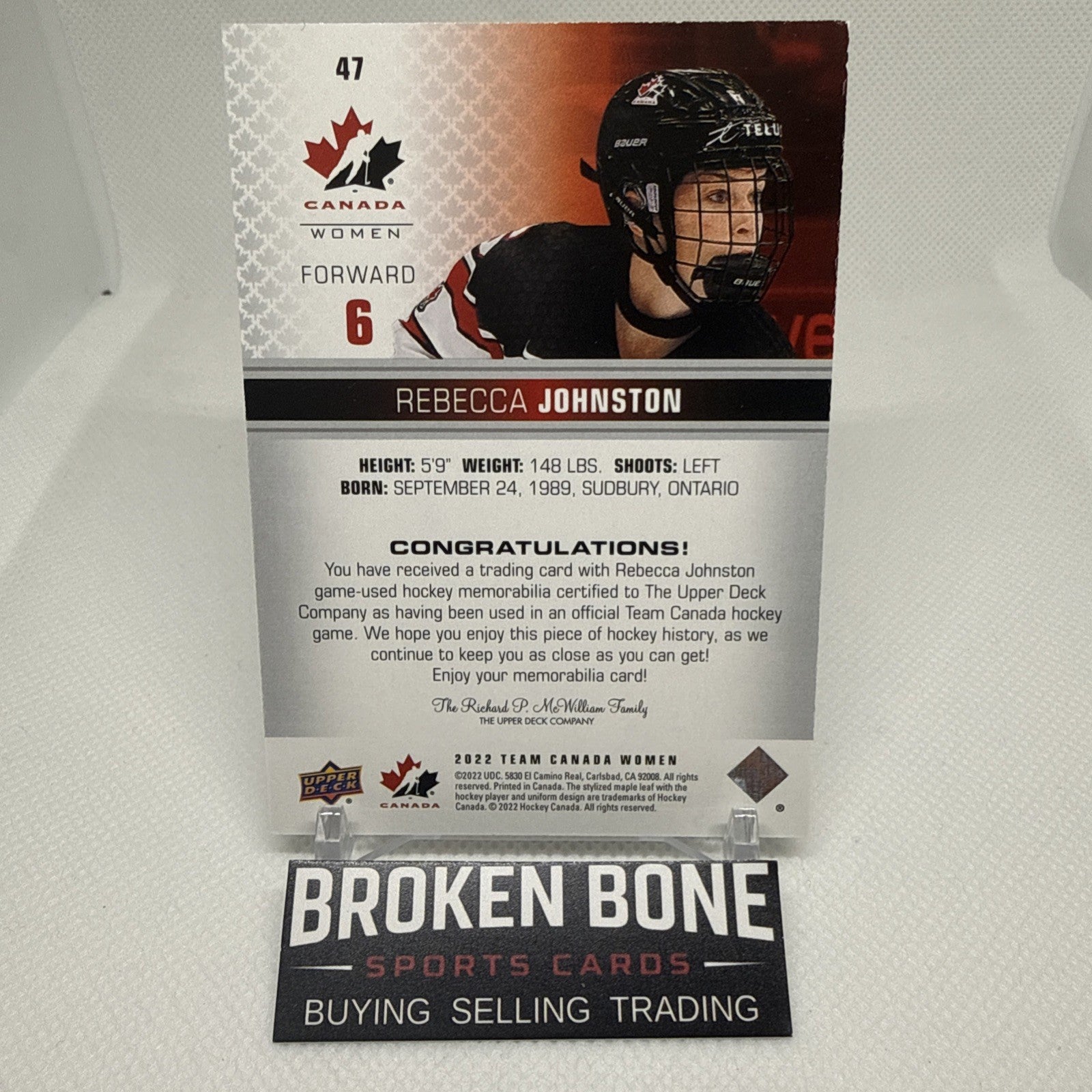 Rebecca Johnston 2022 Team Canada Juniors Game Used Patch Parallel