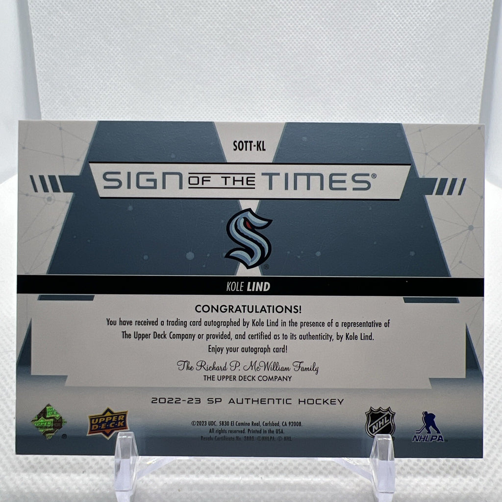 Kole Lind 2022-23 SP Authentic Sign of the Times Seattle Kraken