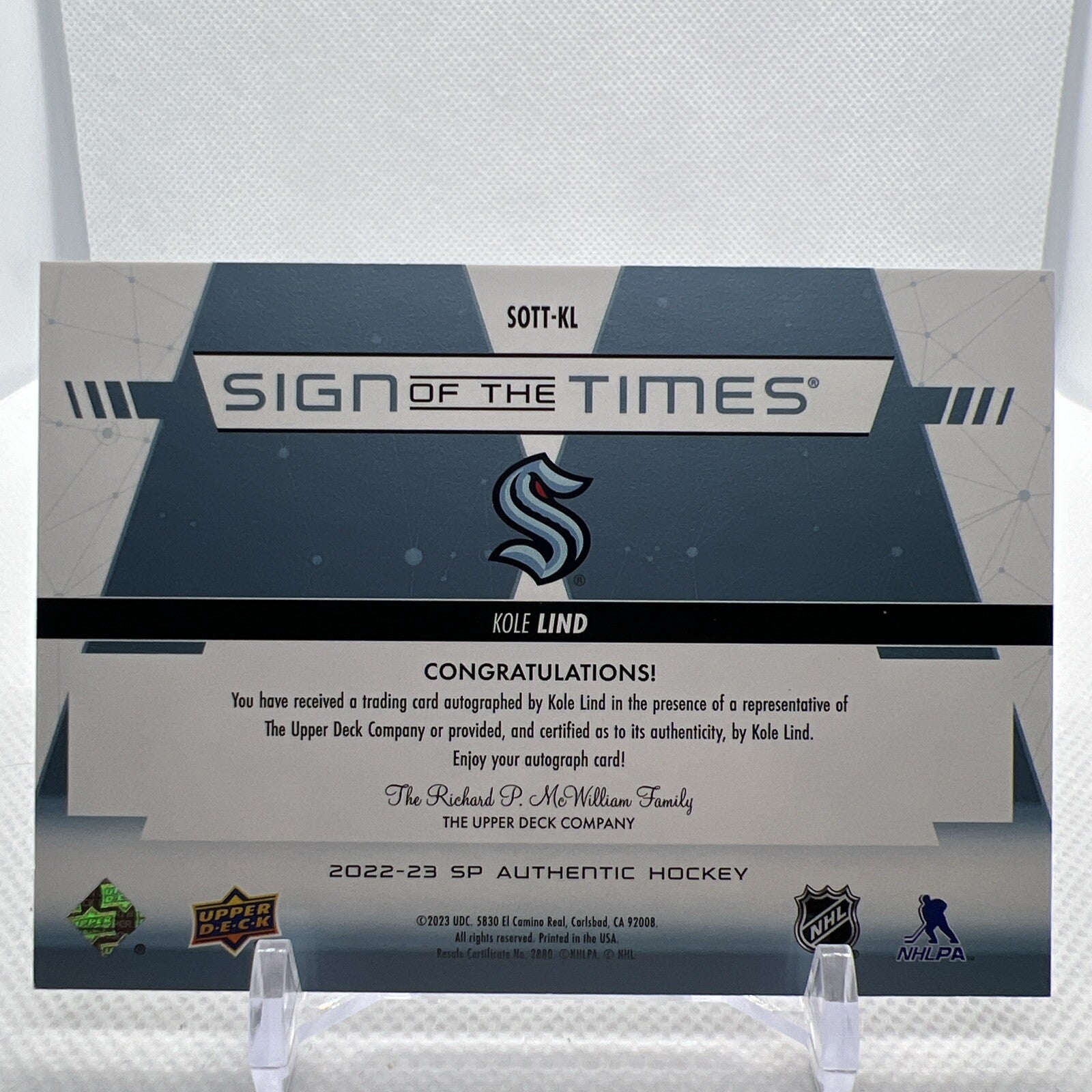 Kole Lind 2022-23 SP Authentic Sign of the Times Seattle Kraken