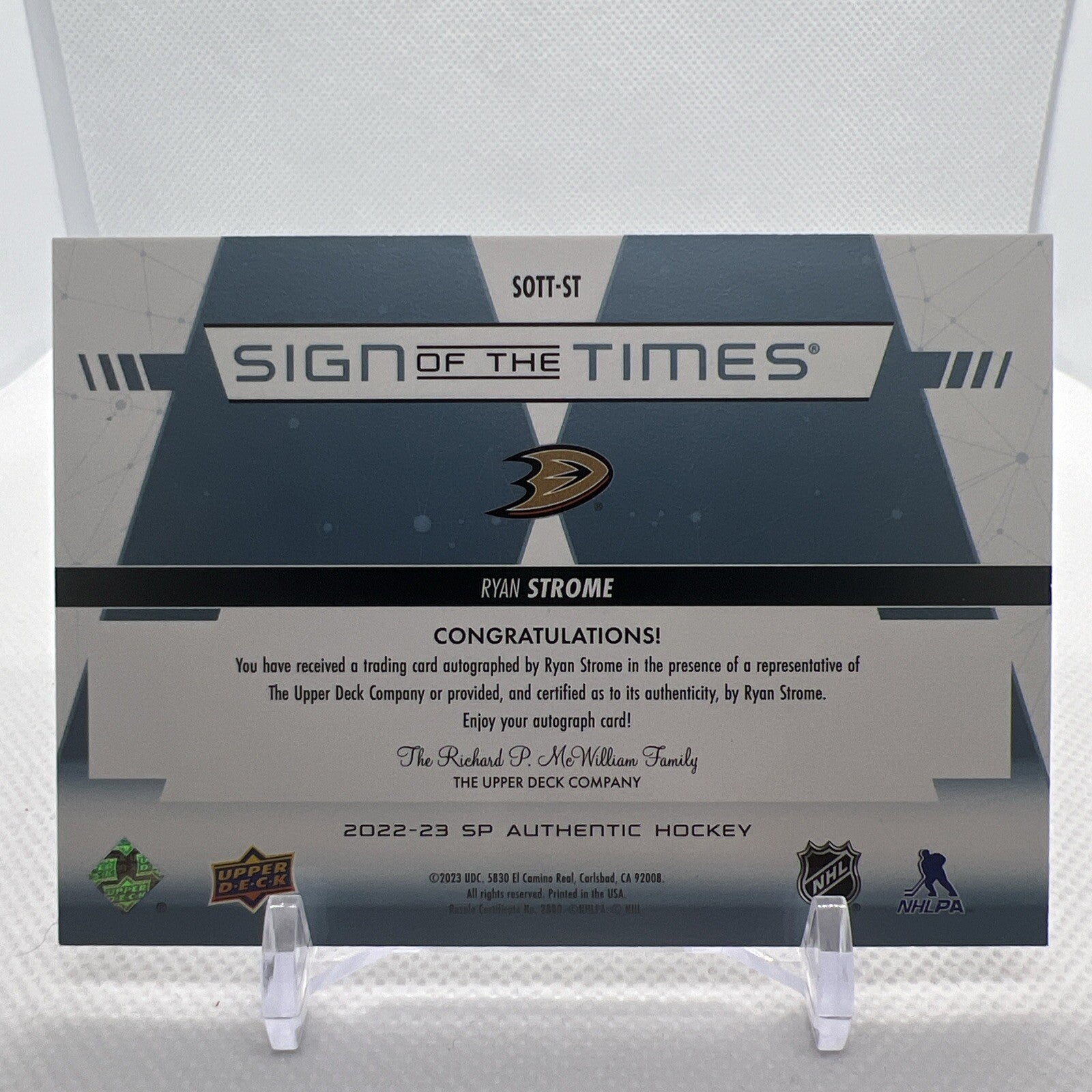 Ryan Strome 2022-23 SP Authentic Sign of The Times Auto Anaheim Ducks