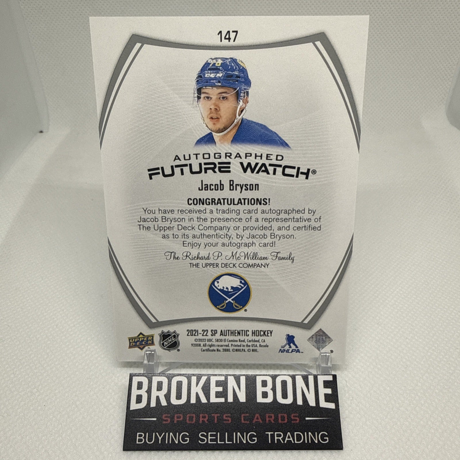 Jacob Bryson 2021-22 SP Authentic Future Watch Auto /999 Buffalo Sabres