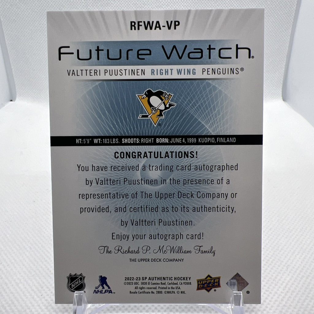 Valtteri Puustinen 2022-23 SP Authentic Retro Future Watch Auto /699 Penguins