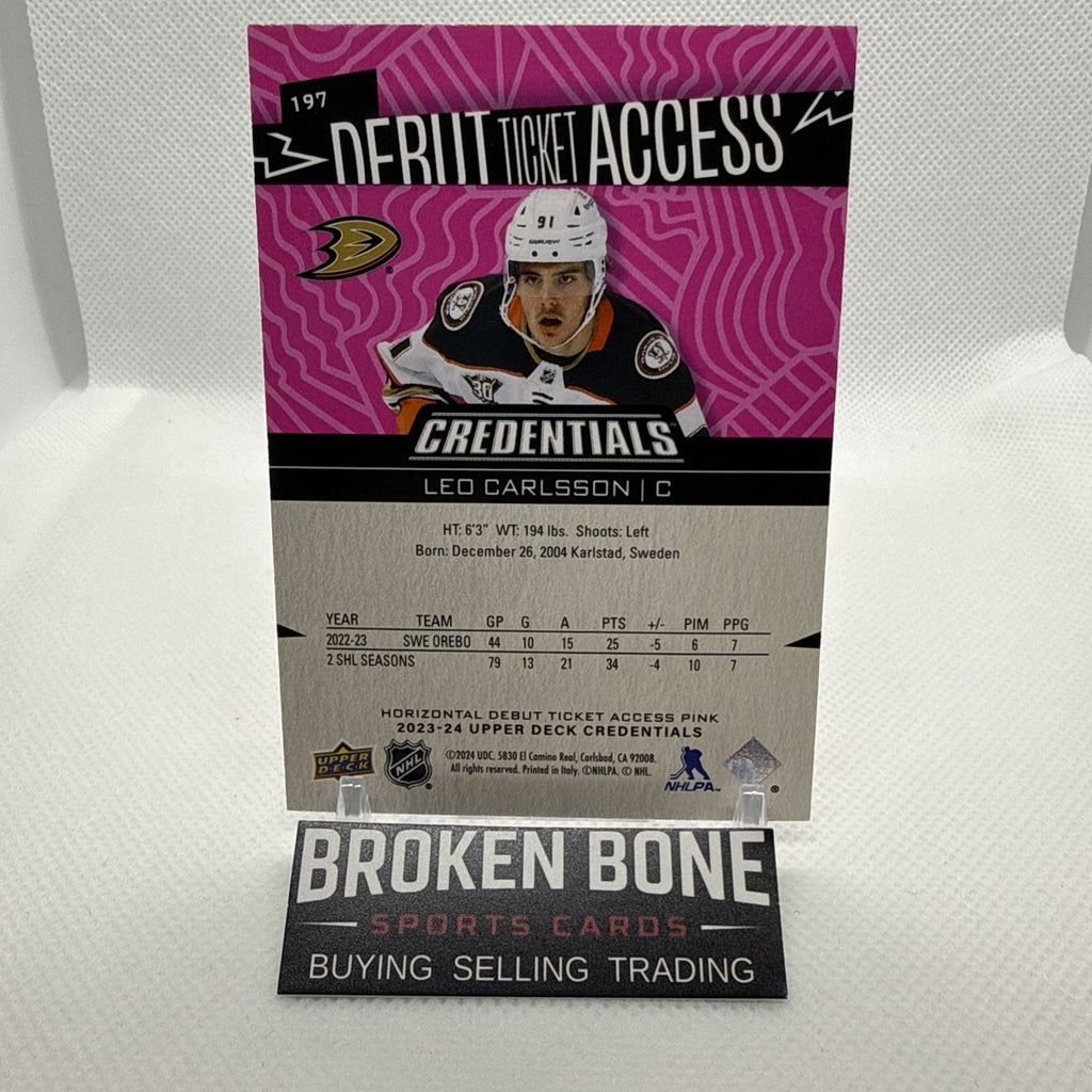 Leo Carlsson 2023-24 Credentials Rookie Debut Ticket Access /25 SSP Ducks