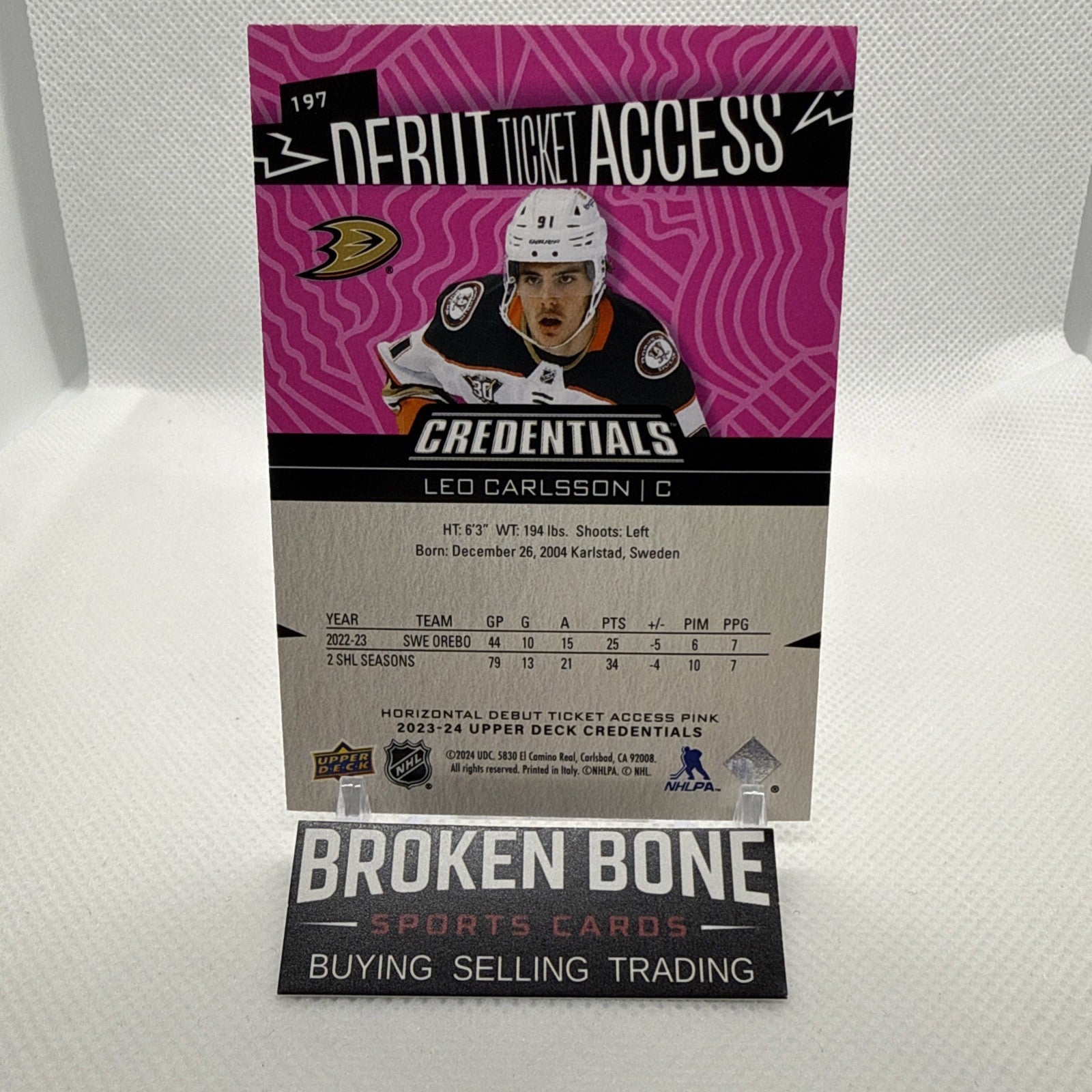 Leo Carlsson 2023-24 Credentials Rookie Debut Ticket Access /25 SSP Ducks