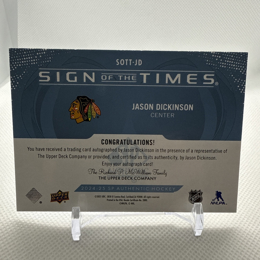 Jason Dickinson 2024-25 SP Authentic Sign of the Times Auto Chicago Blackhawks