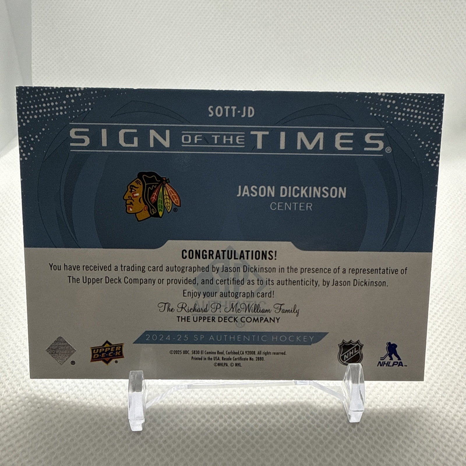 Jason Dickinson 2024-25 SP Authentic Sign of the Times Auto Chicago Blackhawks