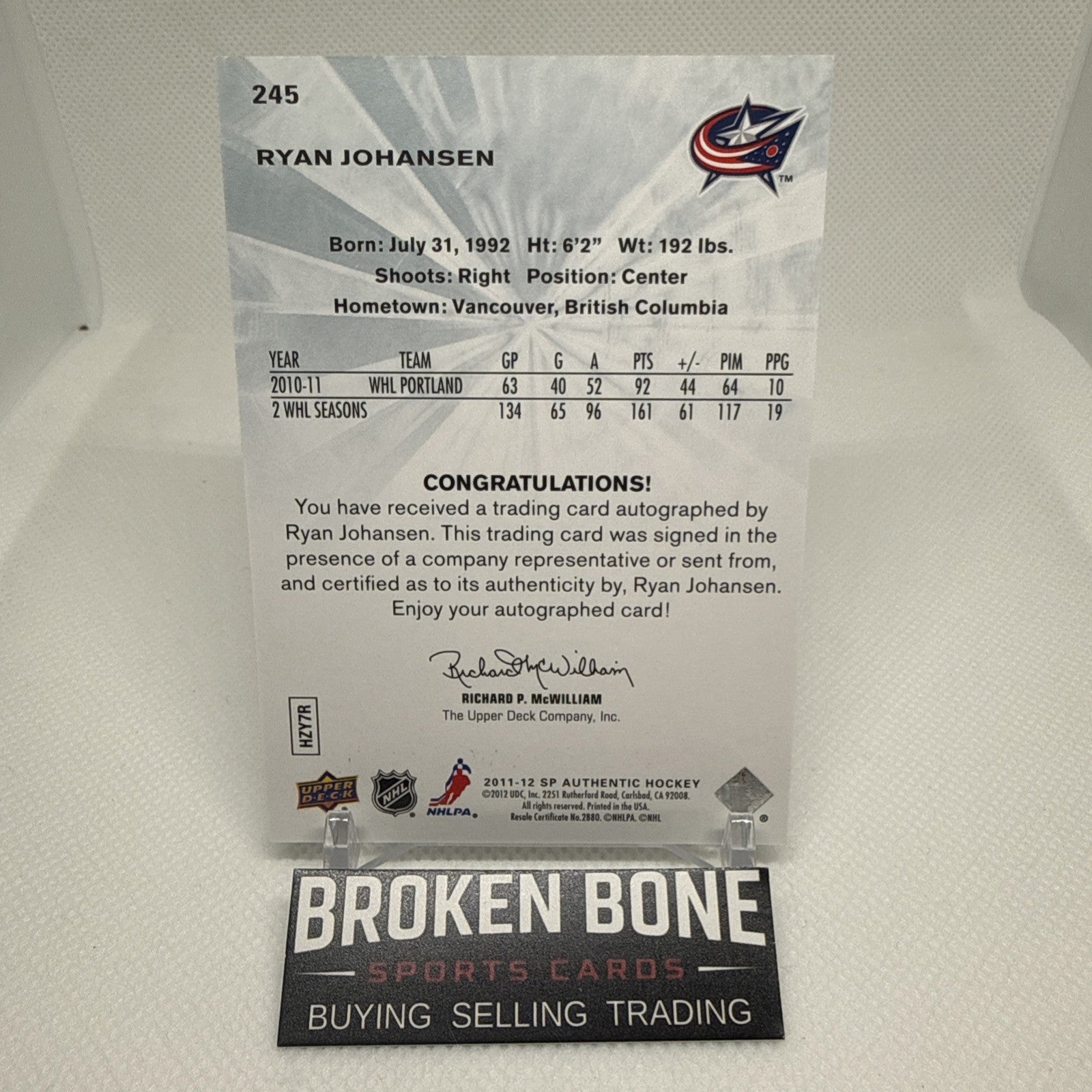 Ryan Johansen 2011-12 SP Authentic Future Watch Auto /999 Columbus Blue Jackets