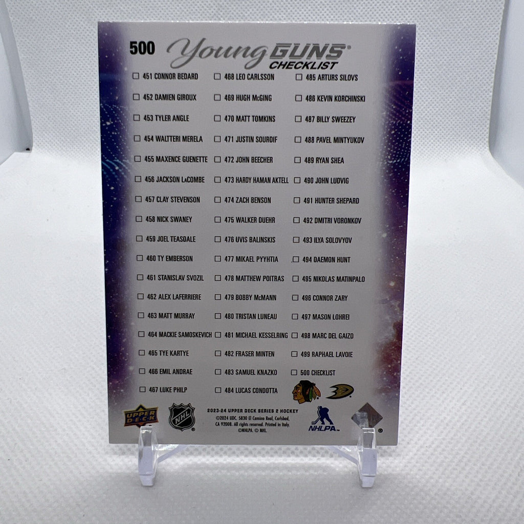 Connor Bedard Leo Carlsson 2023-24 Upper Deck Young Guns Checklist Blackhawks RC