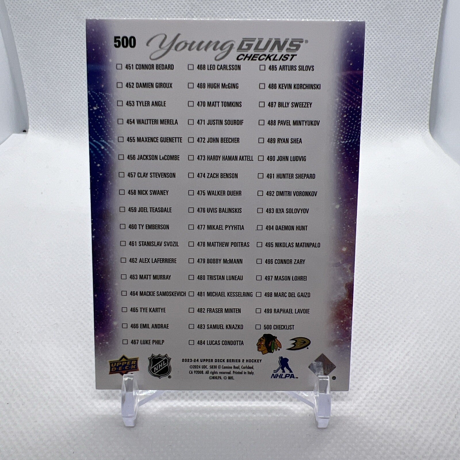 Connor Bedard Leo Carlsson 2023-24 Upper Deck Young Guns Checklist Blackhawks RC