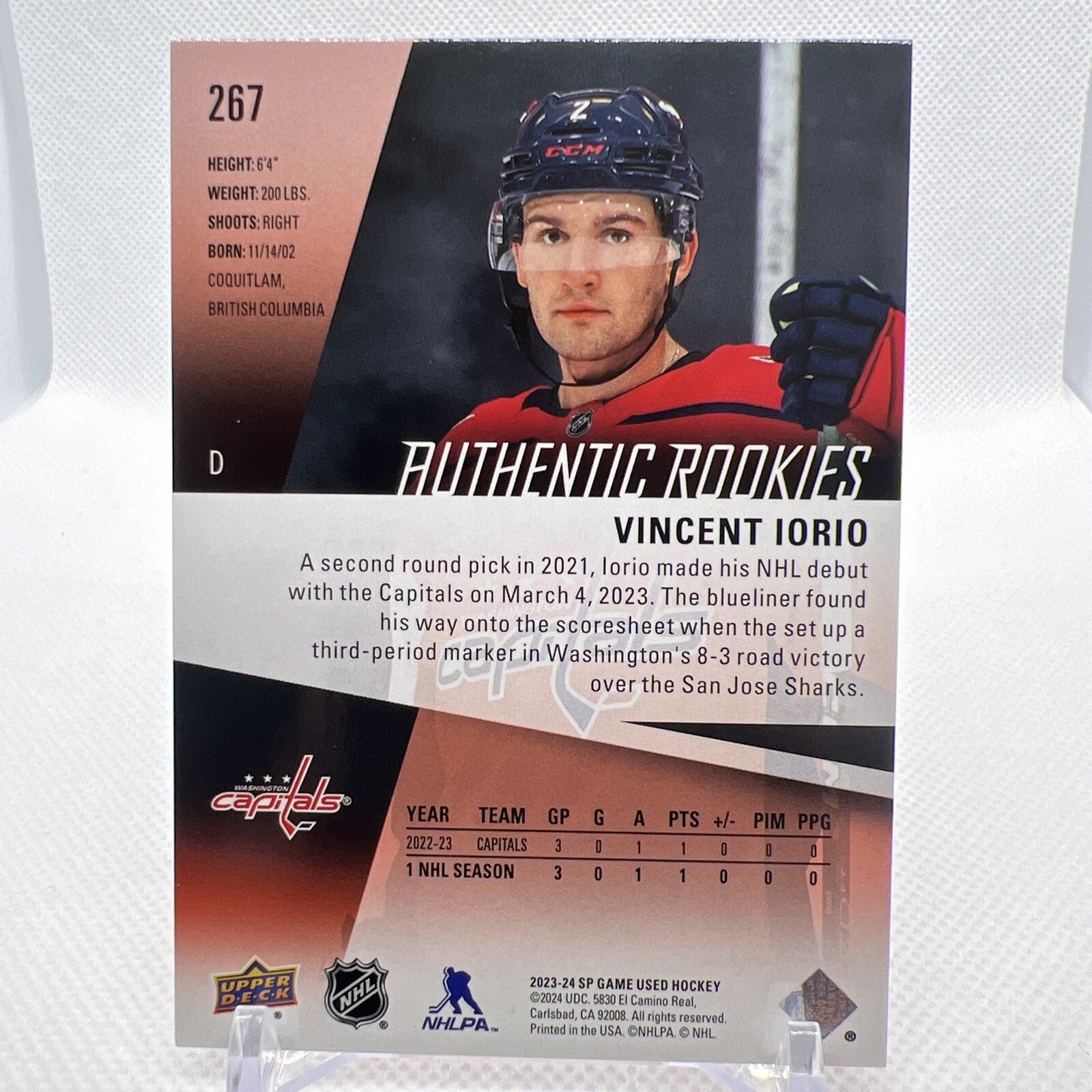 Vincent Iorio 2023-24 SP Game Used Authenic Rookies /221 Washington Capitals