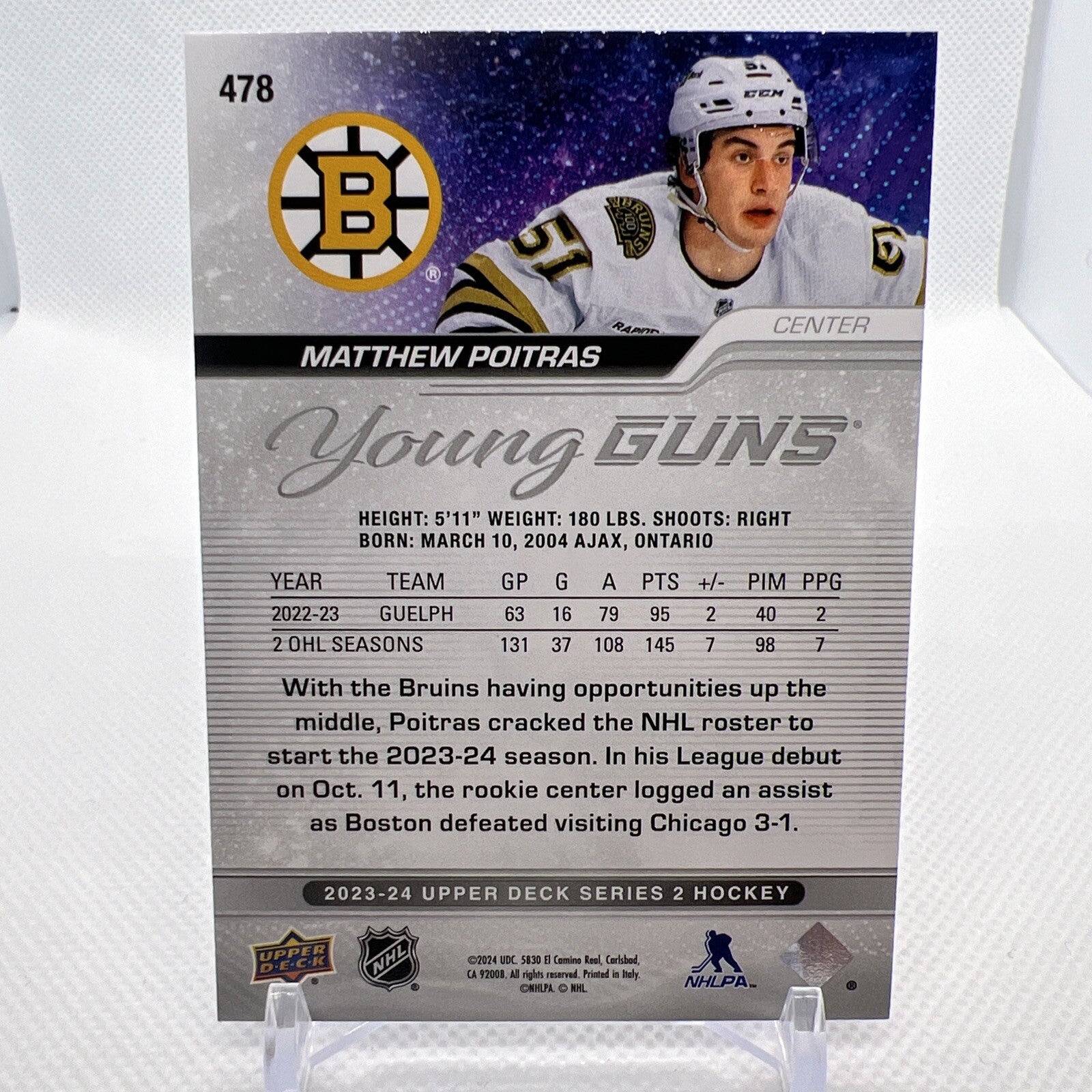 Matthew Poitras 2023-24 Upper Deck Young Guns Rookie Boston Bruins 6 RC