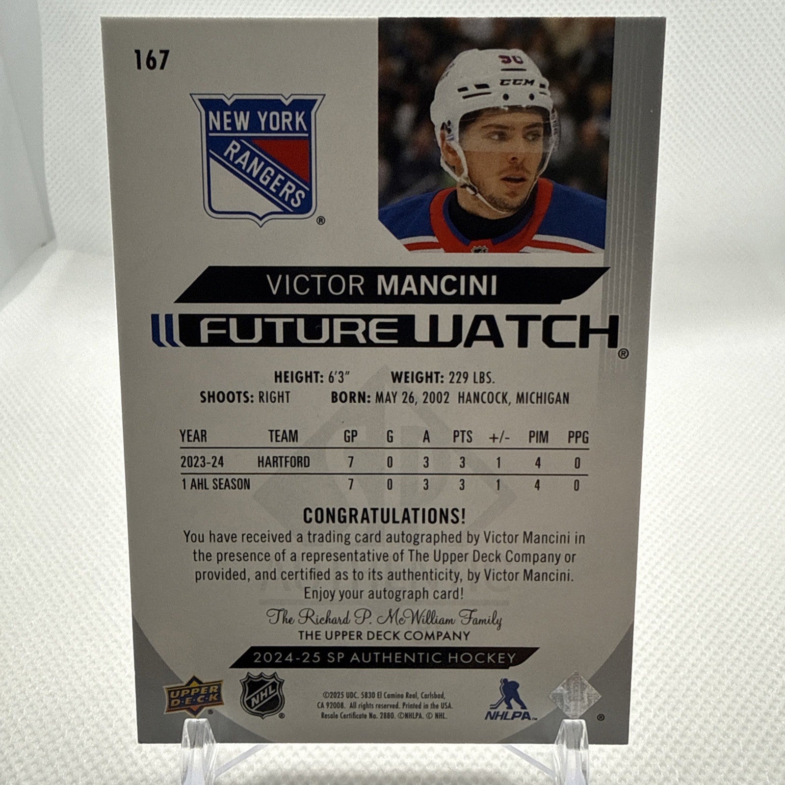 Victor Mancini 2024-25 SP Authentic Future Watch Auto/999 New York Rangers