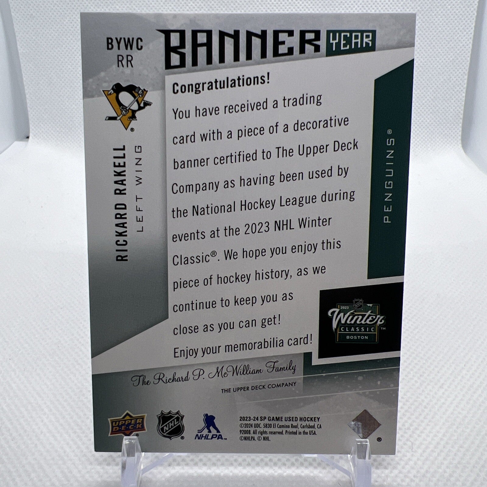 Rickard Rakell 2023-24 SP Game Used Banner Year Winter Classic Penguins