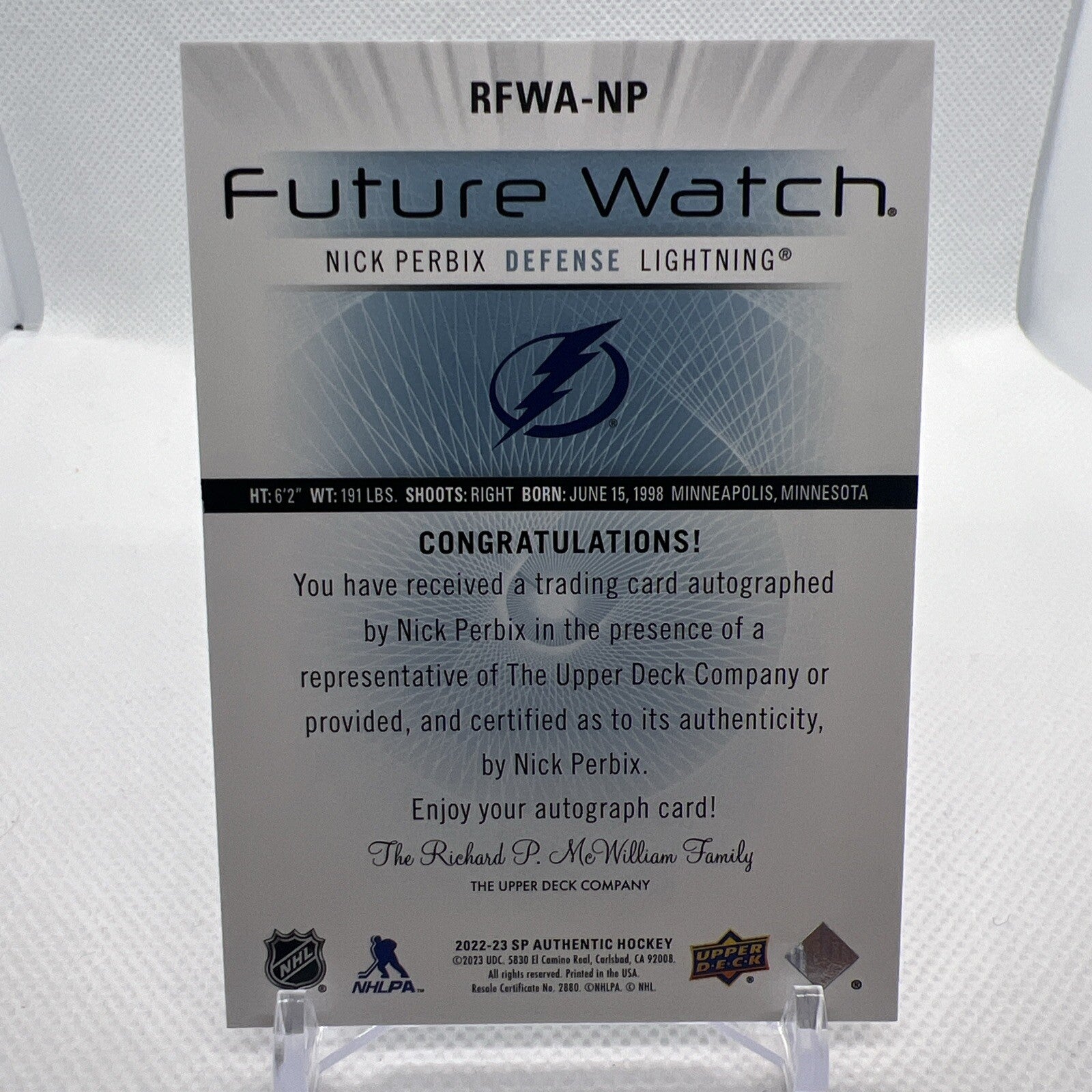 Nick Perbix 22-23 SP Authentic Retro Future Watch Auto /699 Tampa Bay Lightning