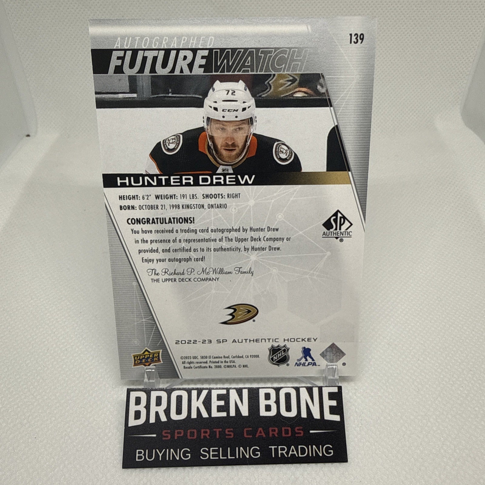 Hunter Drew 2022-23 SP Authentic Future Watch Auto /999 Anaheim Ducks