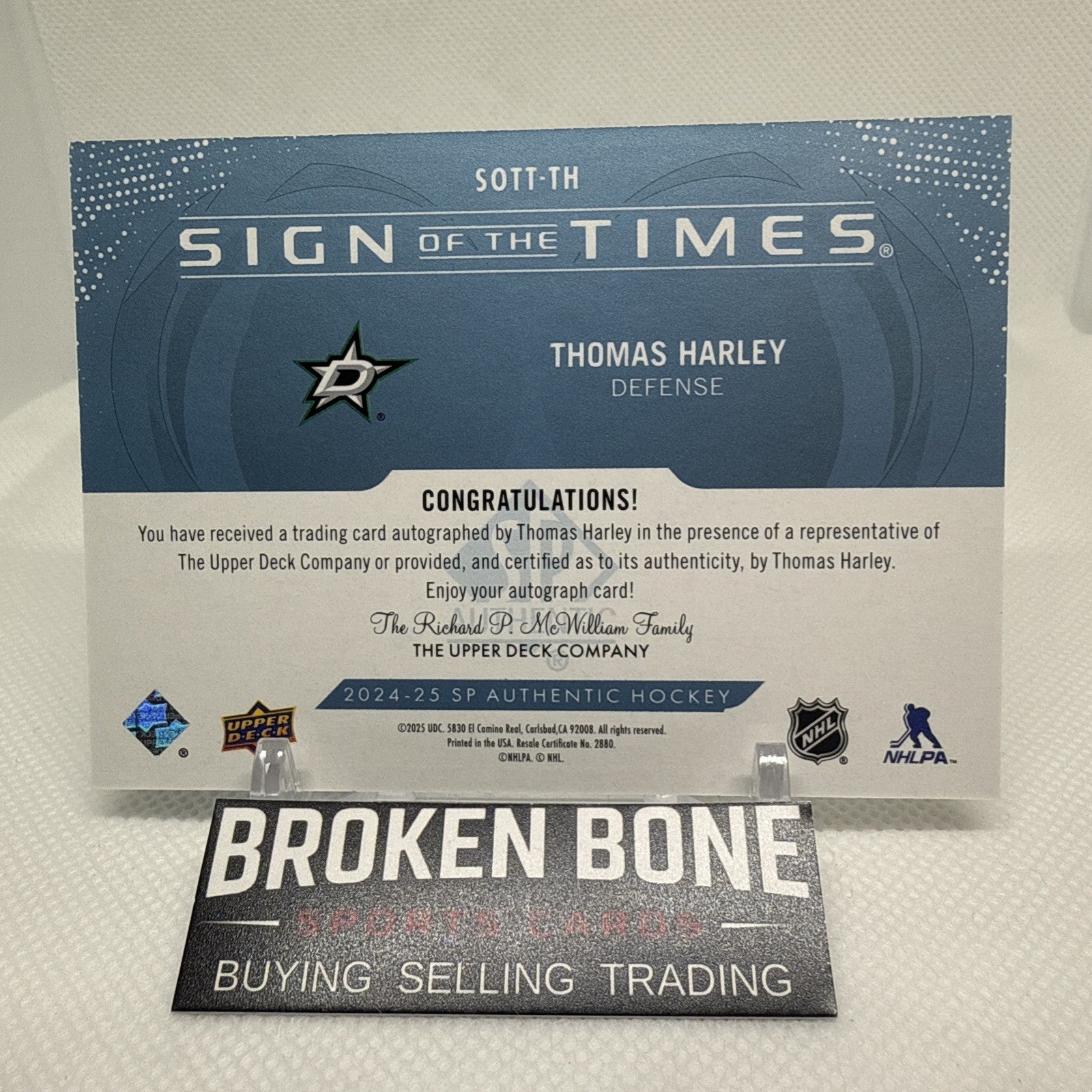 Thomas Harley 2024-25 SP Authentic Sign of the Times Auto Dallas Stars