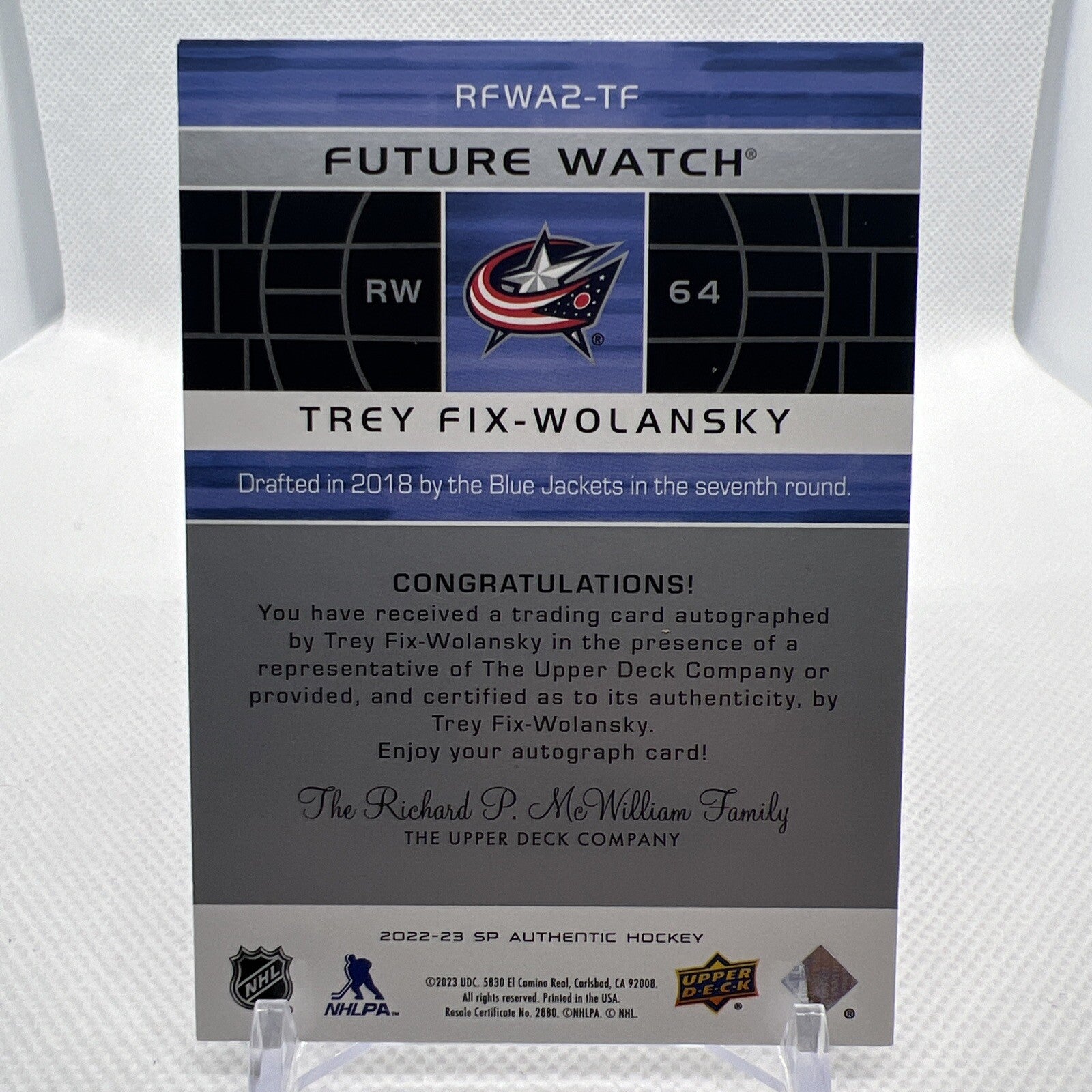 Trey Fix-Wolansky 2022-23 SP Authentic Retro Future Watch Auto /399 Blue Jackets