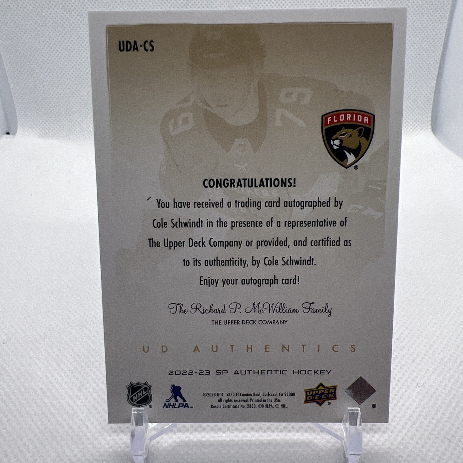Cole Schwindt 2022-23 SP Authentic UD Authentics Auto Florida Panthers