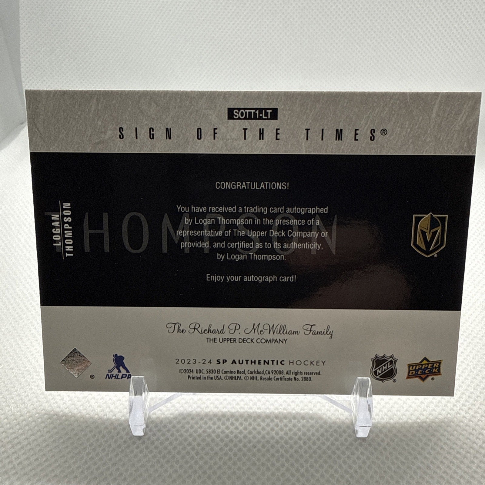 Logan Thompson 2023-24 SP Authentic Sign of the Times Auto