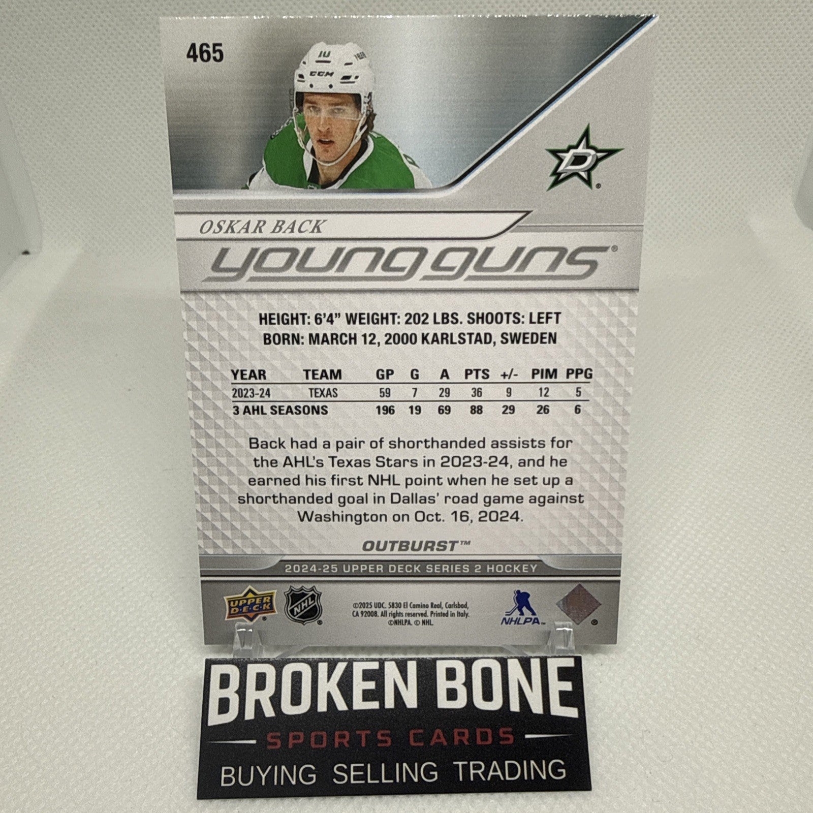 Oskar Back 2024-25 Upper Deck Outburst Young Guns Dallas Stars RC