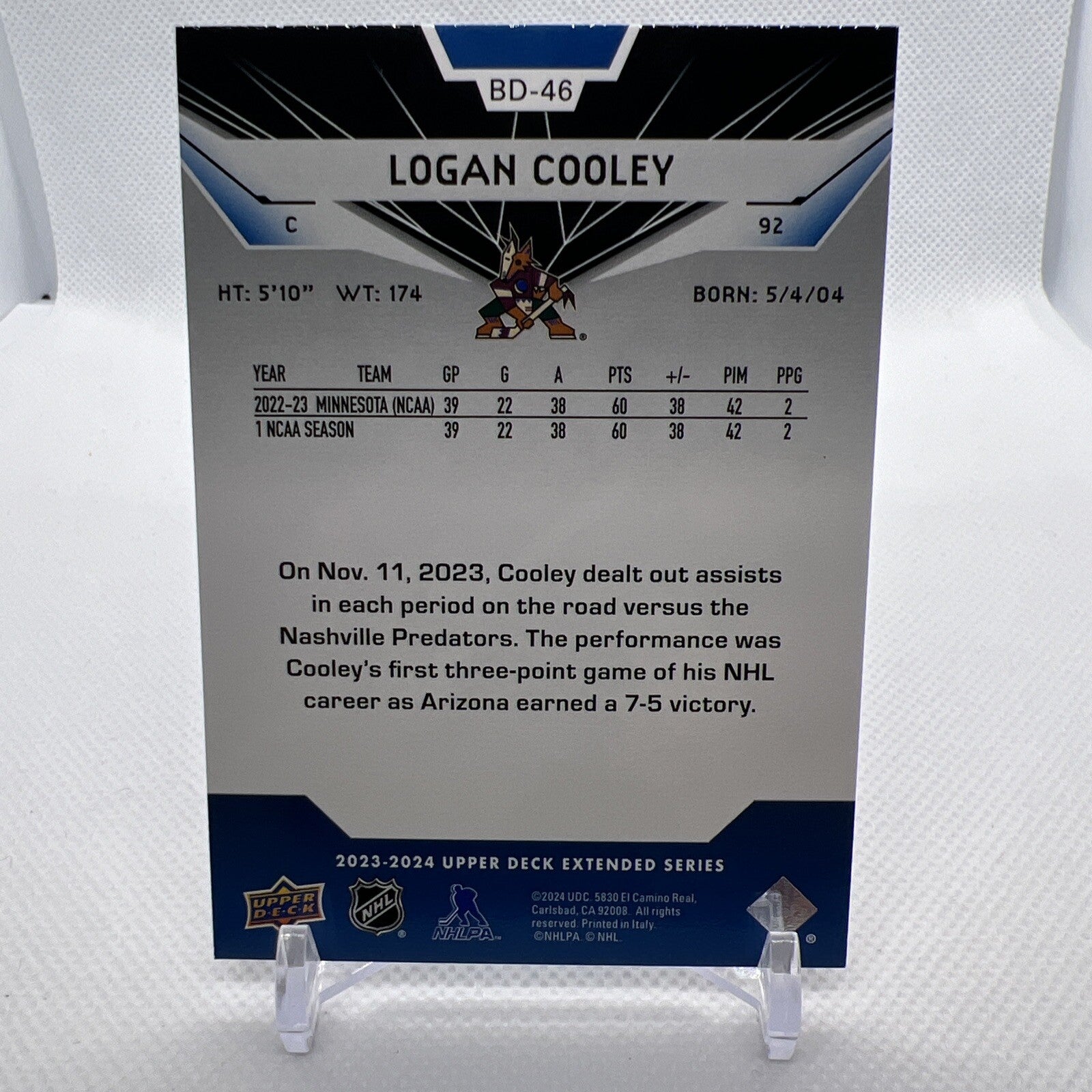 Logan Cooley 2023-24 Upper Deck Black Diamond Quad Rookie Gems Arizona Coyotes