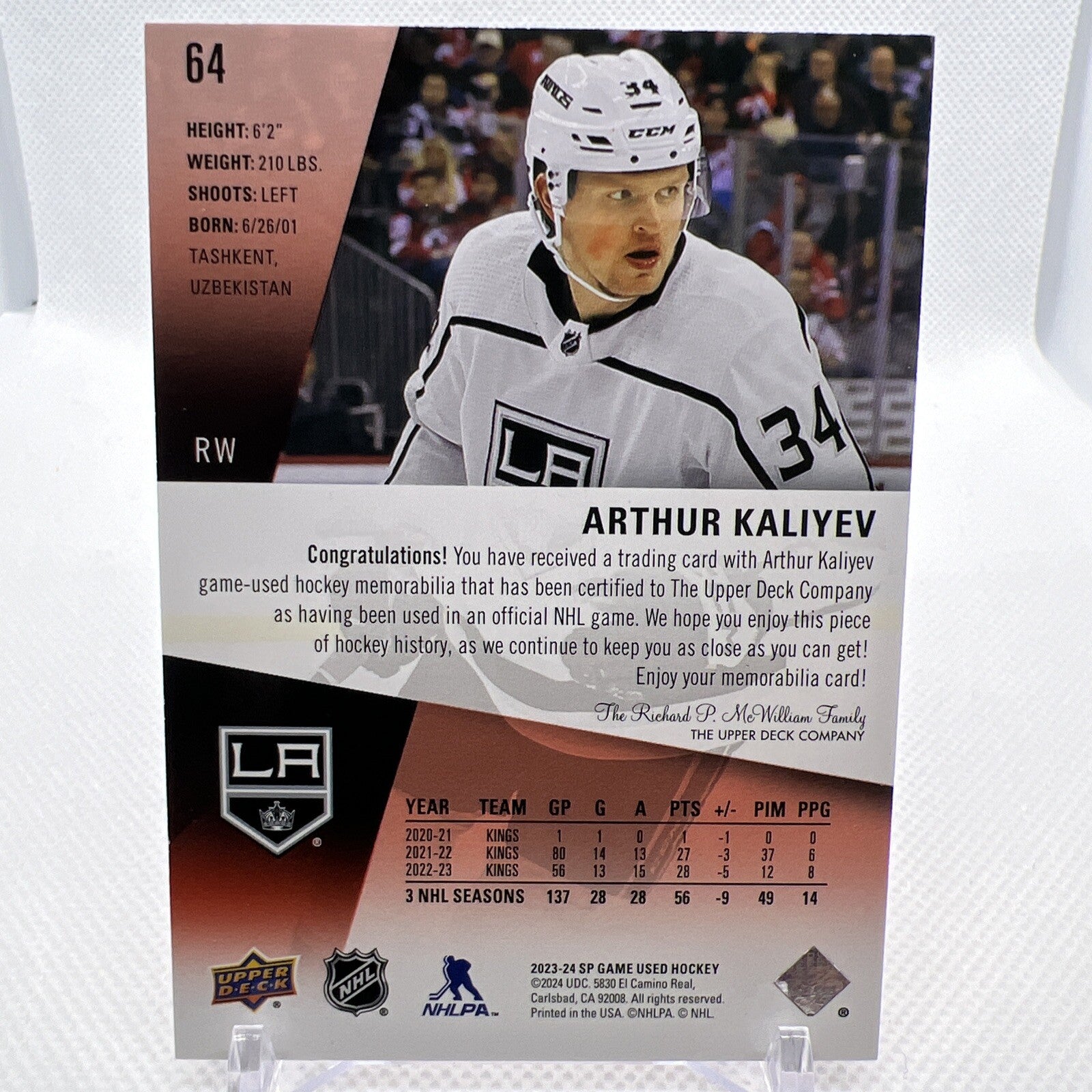 Arthur Kaliyev 2023-24 SP Game Used Jersey Los Angeles Kings