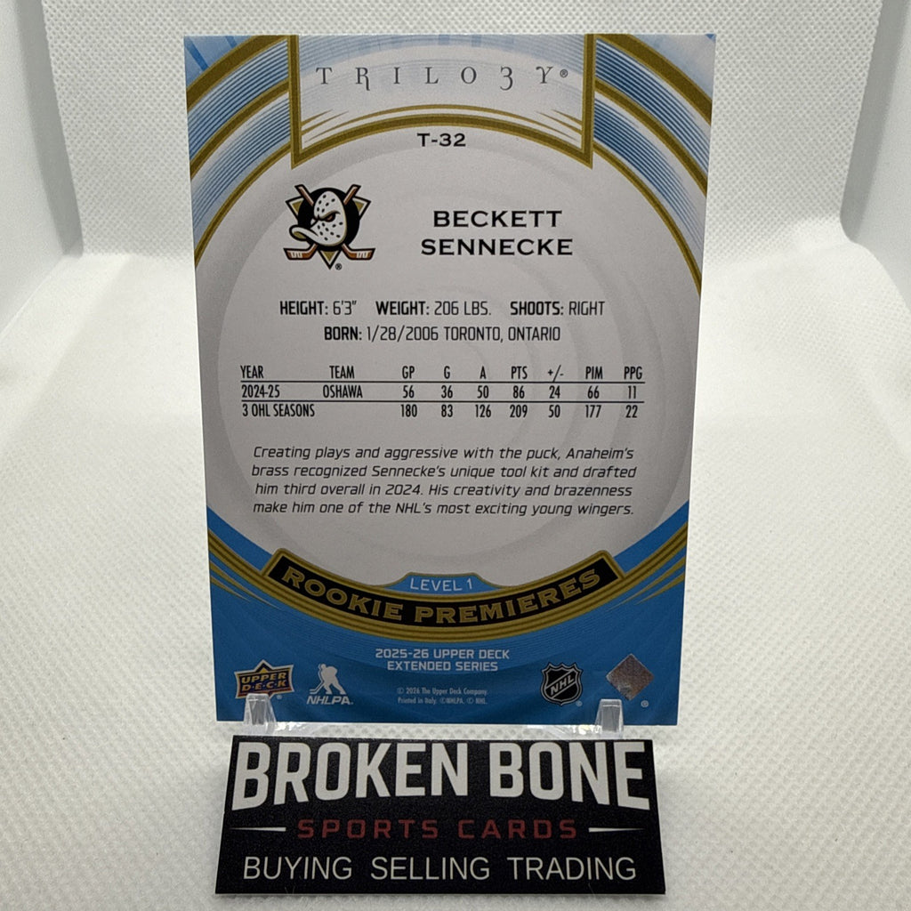 Beckett Sennecke 2025-26 Upper Deck Trilogy Rookie Premieres /999 Anaheim Ducks