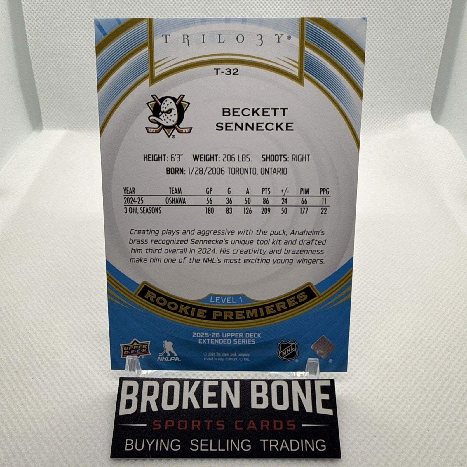 Beckett Sennecke 2025-26 Upper Deck Trilogy Rookie Premieres /999 Anaheim Ducks