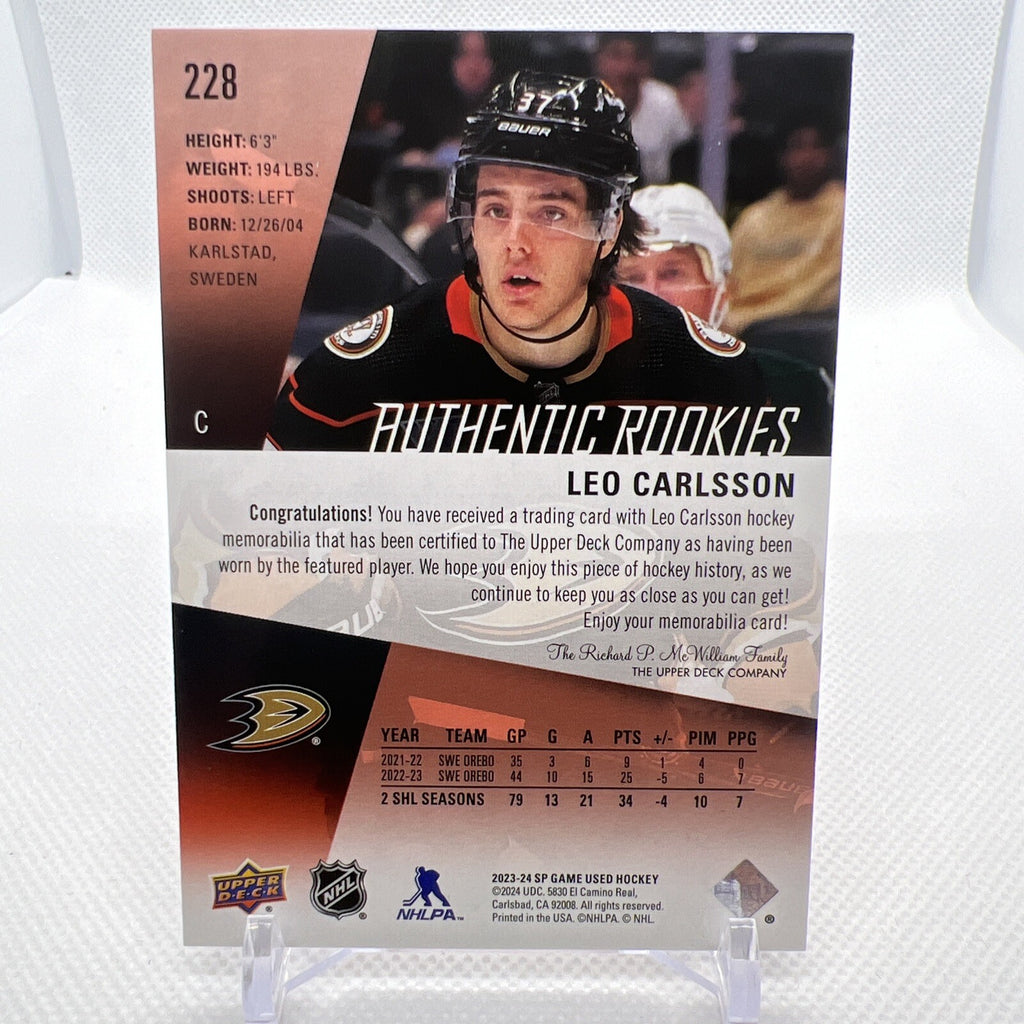 Leo Carlsson 2023-24 SP Game Used Authentic Rookies Jersey Anaheim Ducks