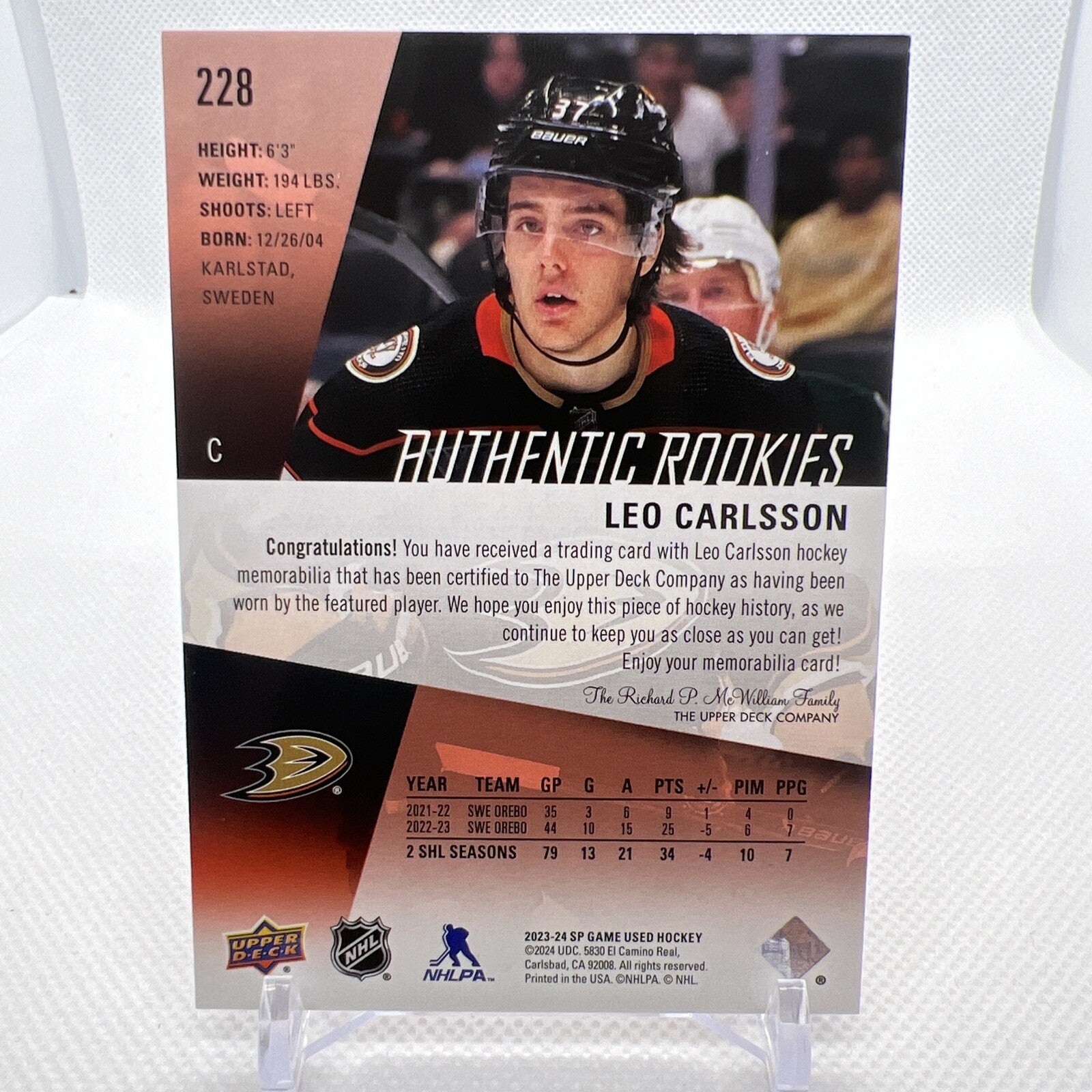 Leo Carlsson 2023-24 SP Game Used Authentic Rookies Jersey Anaheim Ducks