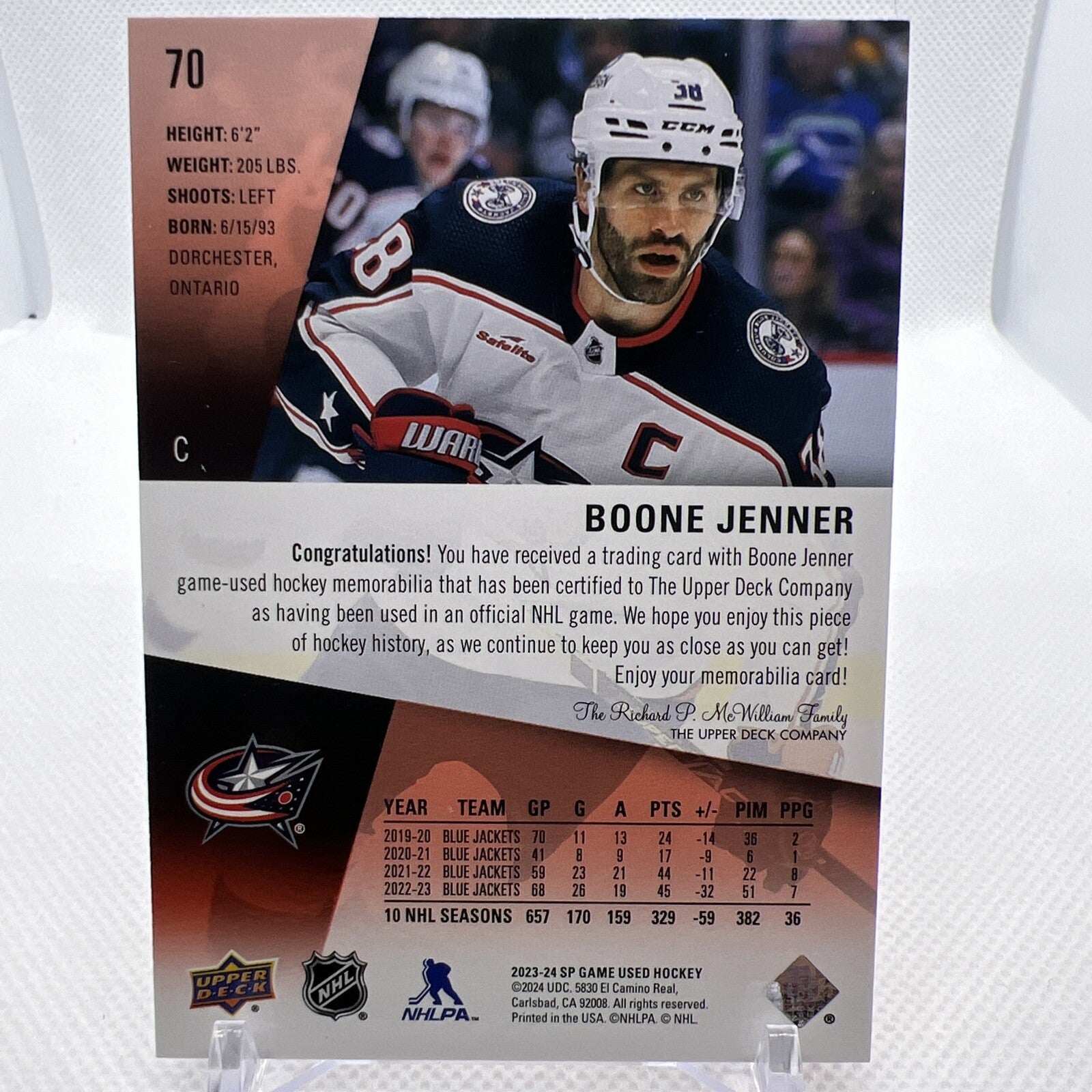 Boone Jenner 2023-24 SP Game Used Jersey Columbus Blue Jackets