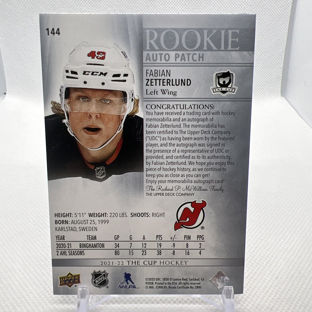 Fabian Zetterlund 2021-22 Upper Deck The Cup Rookie Auto Patch New Jersey Devils