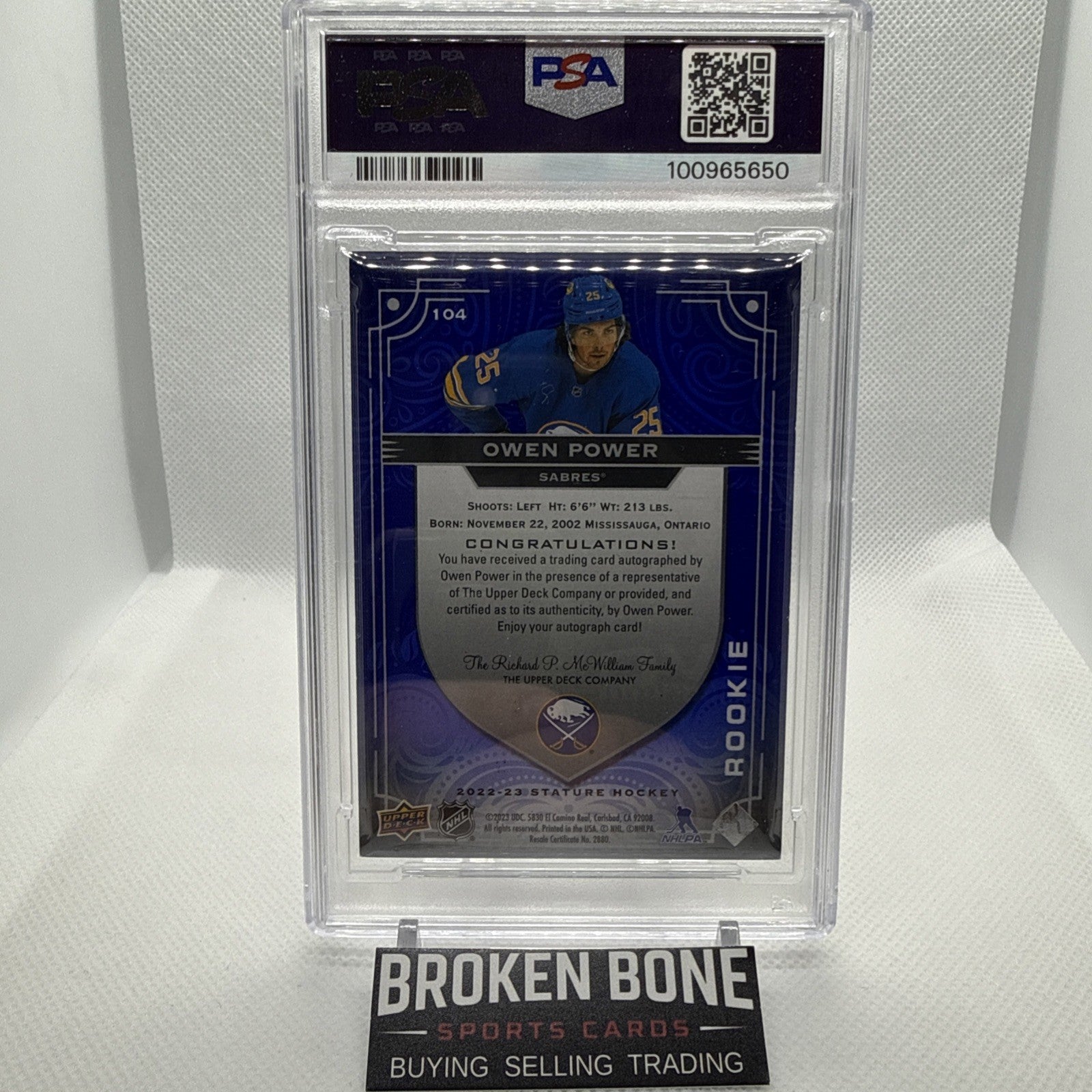 Owen Power 2022 Upper Deck Stature Blue Rookie Auto /10 PSA 10 Buffalo Sabres