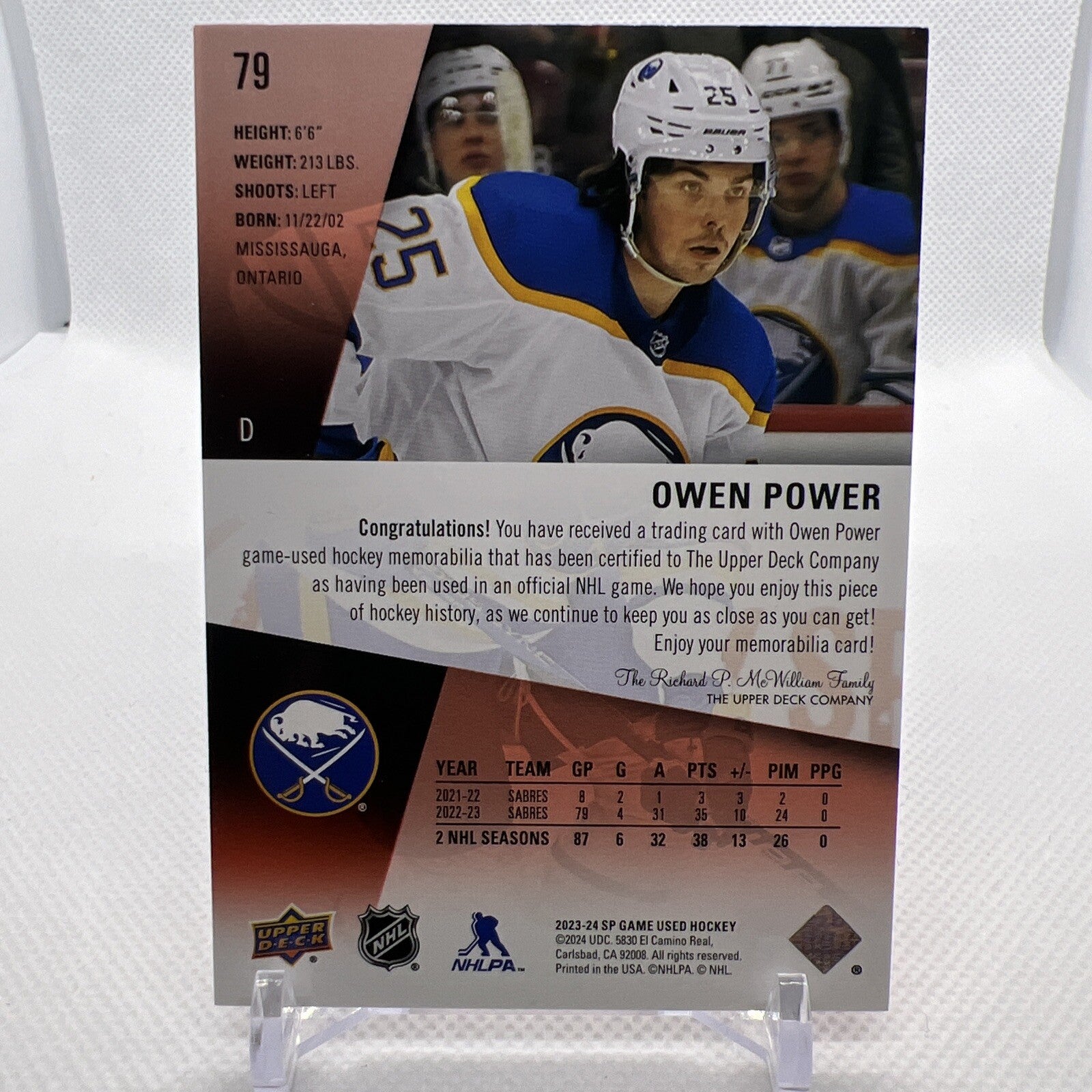 Owen Power 2023-24 SP Game Used Jersey Buffalo Sabres