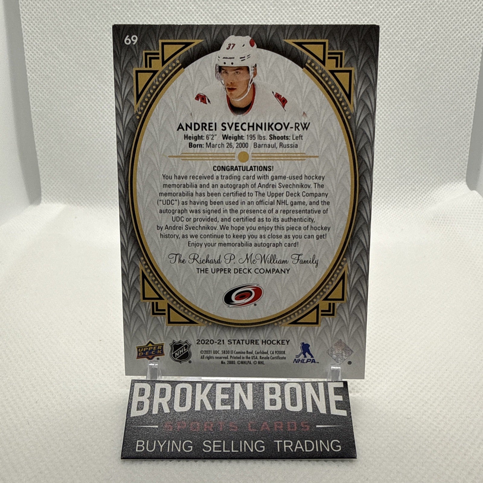 Andrei Svechnikov 2020-21 Stature Patch Auto /21 Carolina Hurricanes