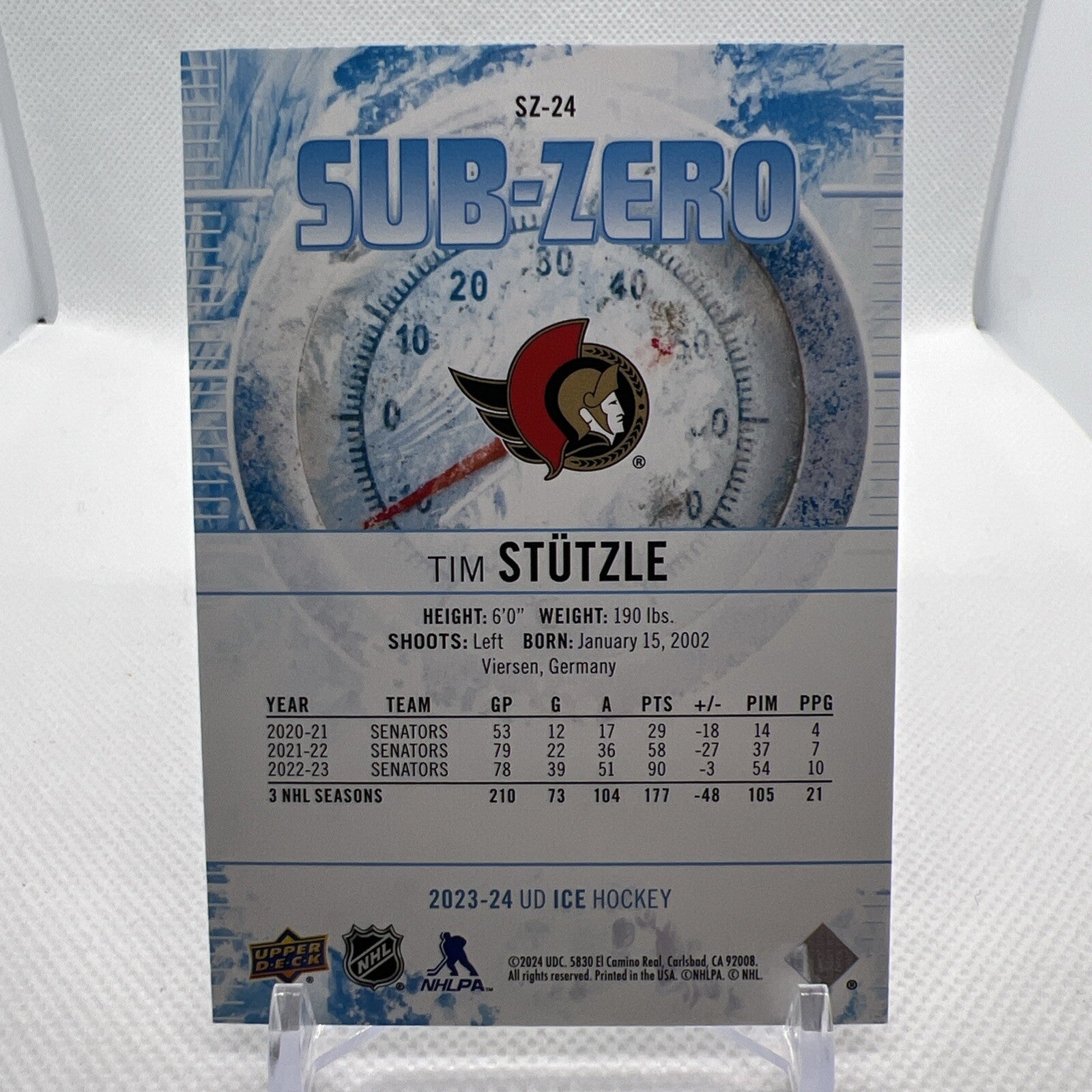 Tim Stutzle 2023-24 Upper Deck Ice Sub-Zero Gold /8 Ottawa Senators