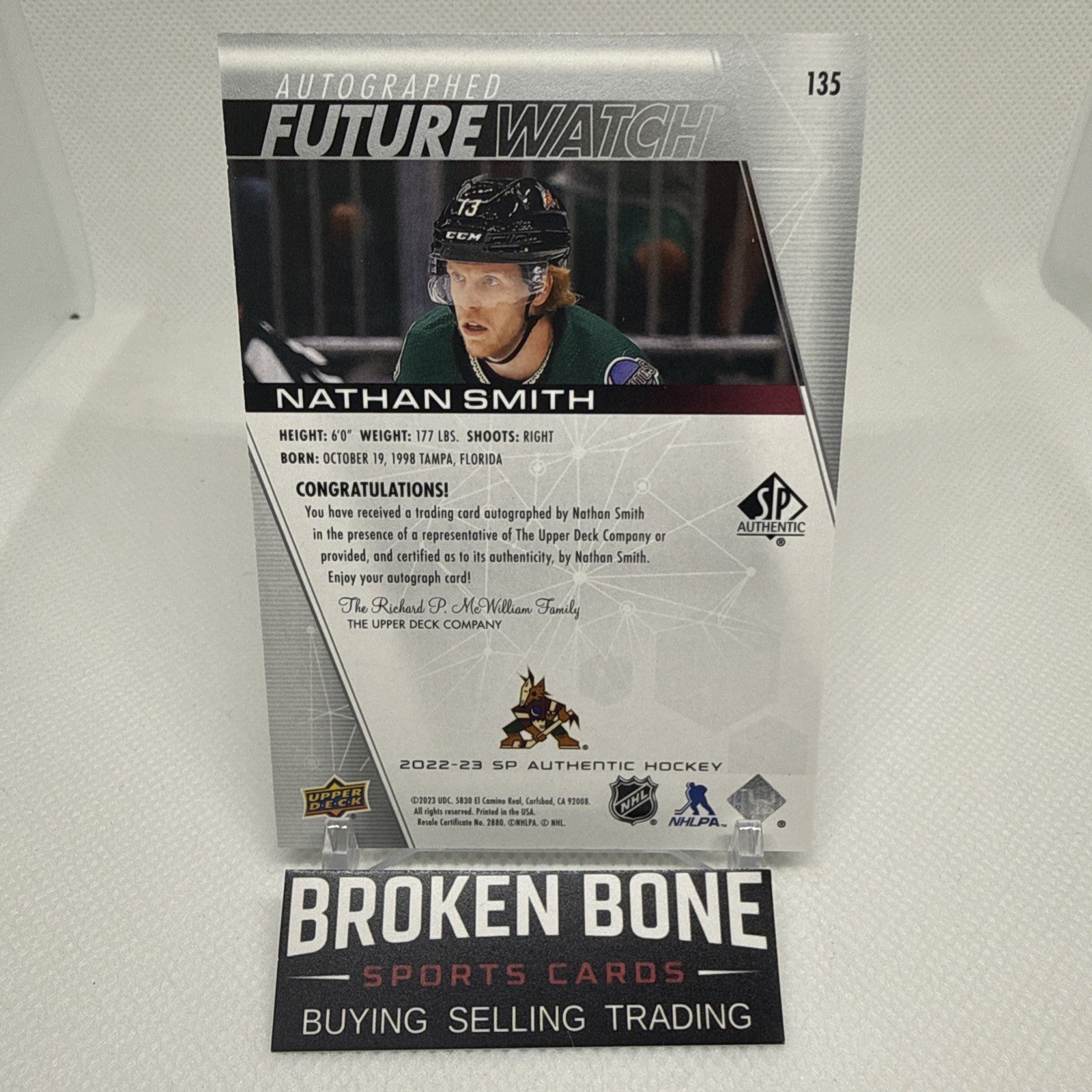 Nathan Smith 2022-23 SP Authentic Future Watch Auto /999 Arizona Coyotes