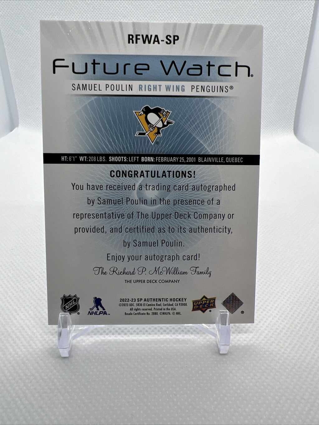 Samuel Poulin 2022-23 Retro Future Watch Rookie Auto /699 Pittsburgh Penguins