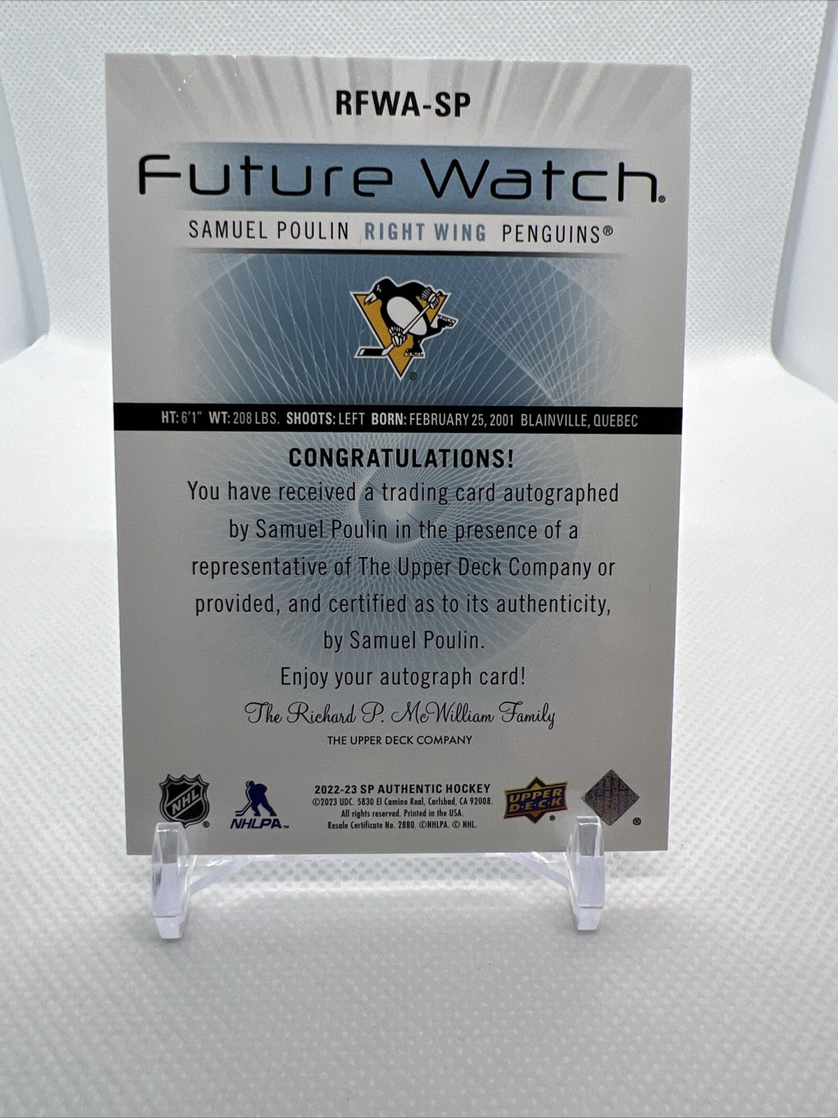 Samuel Poulin 2022-23 Retro Future Watch Rookie Auto /699 Pittsburgh Penguins