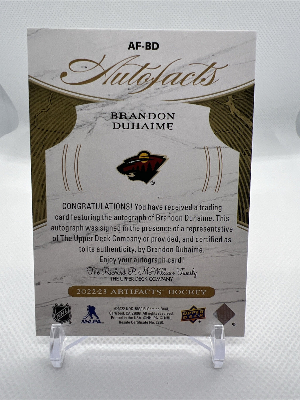 Brandon Duhaime 2022-23 Upper Deck Artifacts Autofacts #AF-BD Minnesota Wild