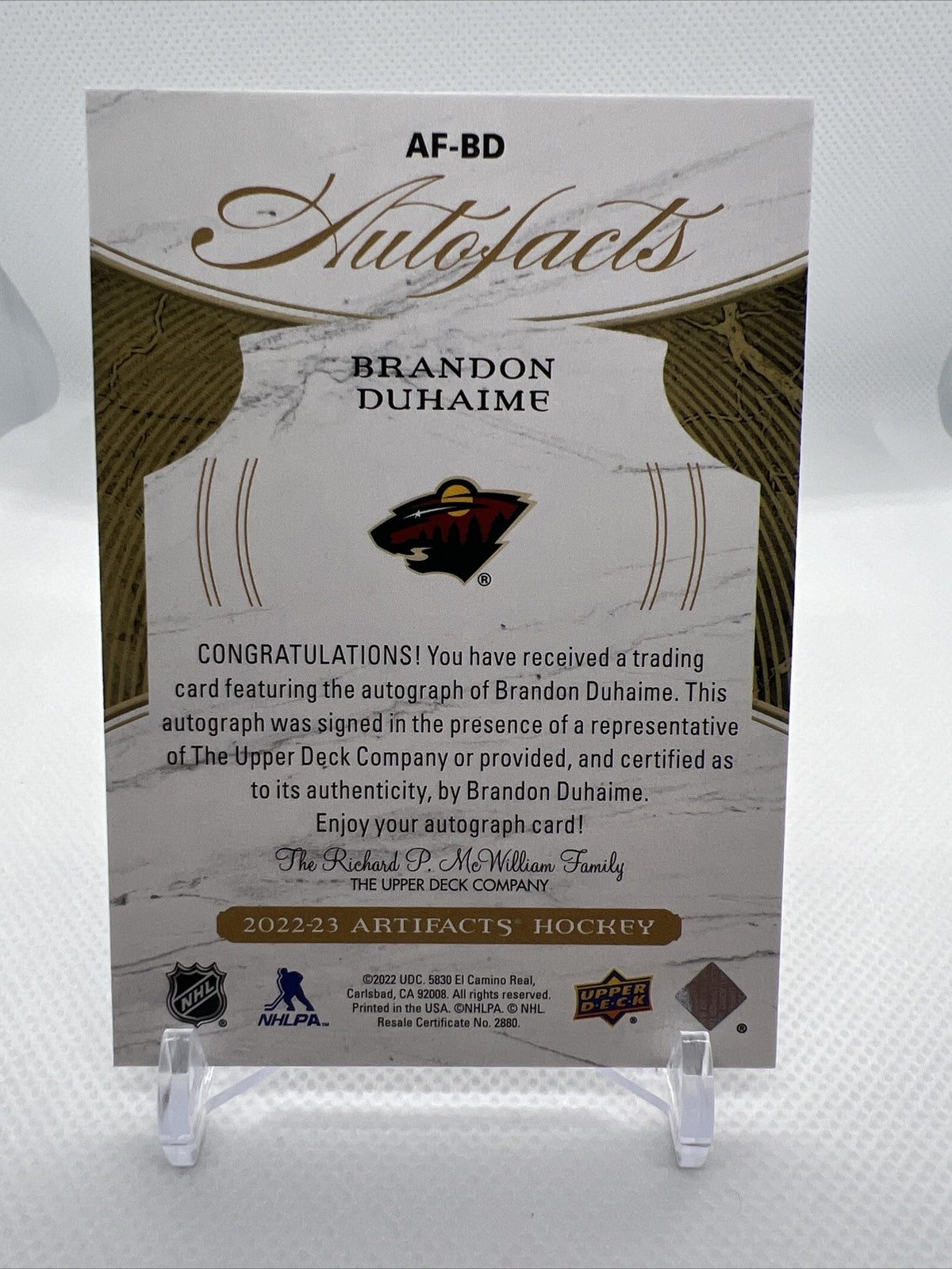 Brandon Duhaime 2022-23 Upper Deck Artifacts Autofacts #AF-BD Minnesota Wild