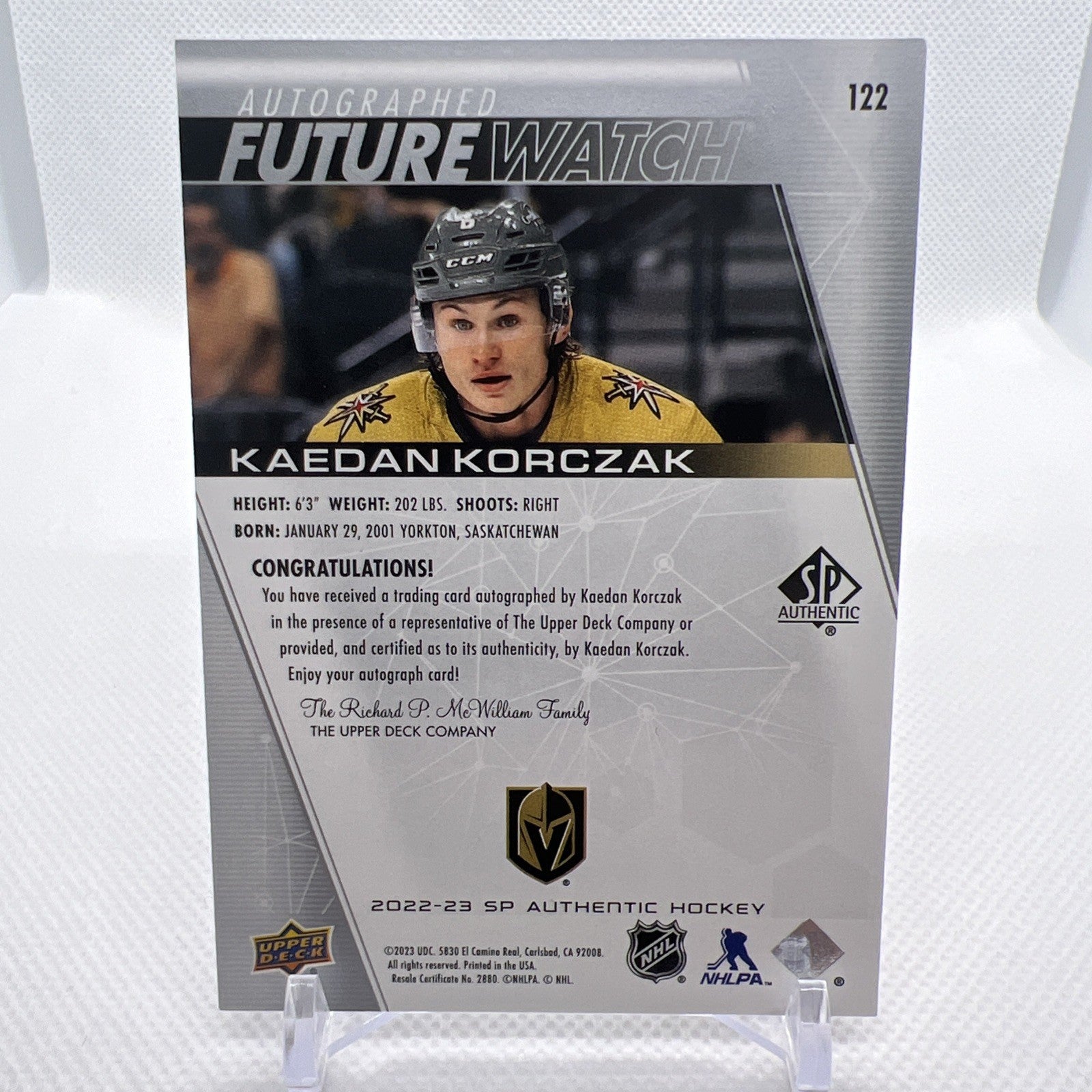Kaedan Korczak 2022-23 SP Authentic Future Watch Auto Vegas Golden Knights