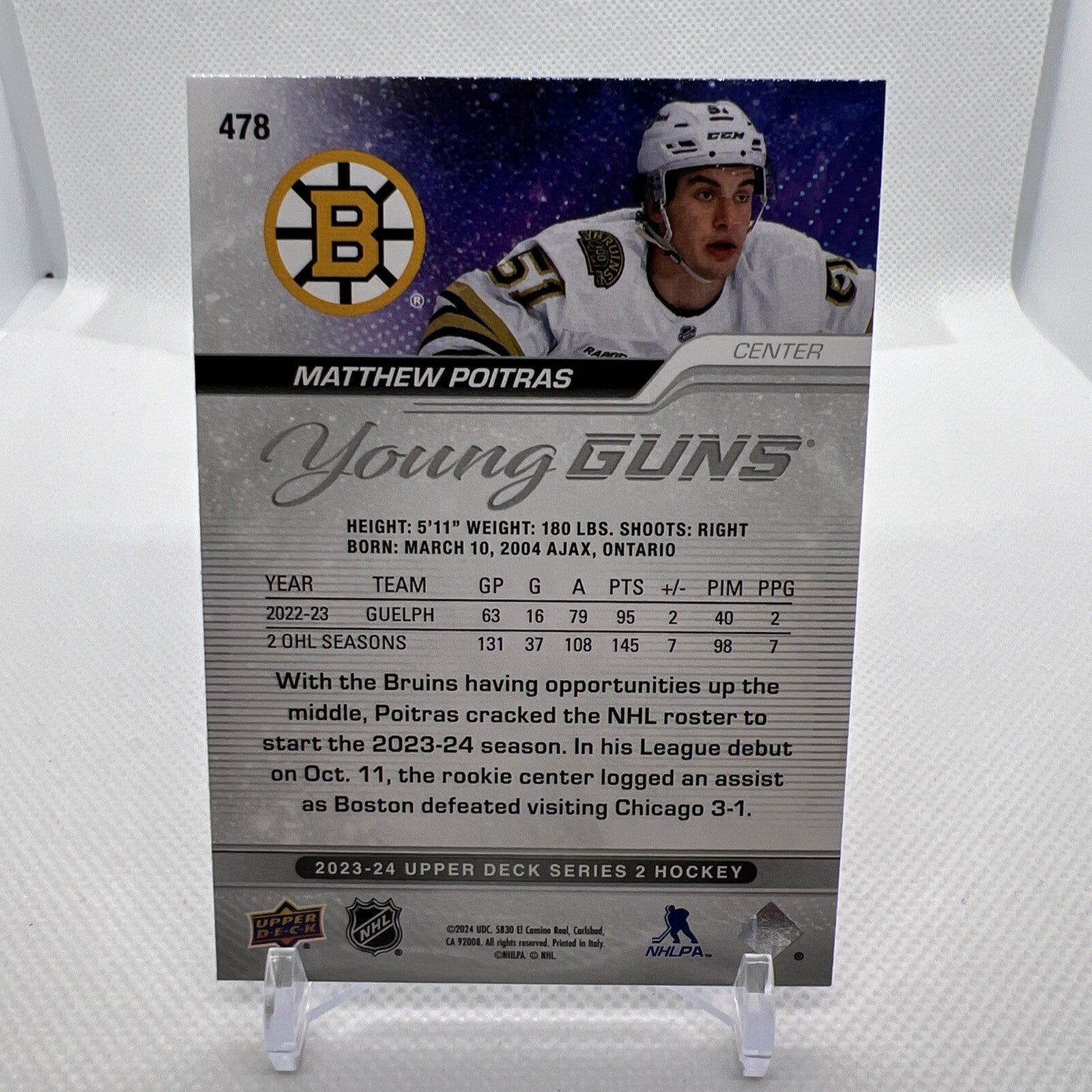 Matthew Poitras 2023-24 Upper Deck Young Guns Rookie Boston Bruins 1 RC