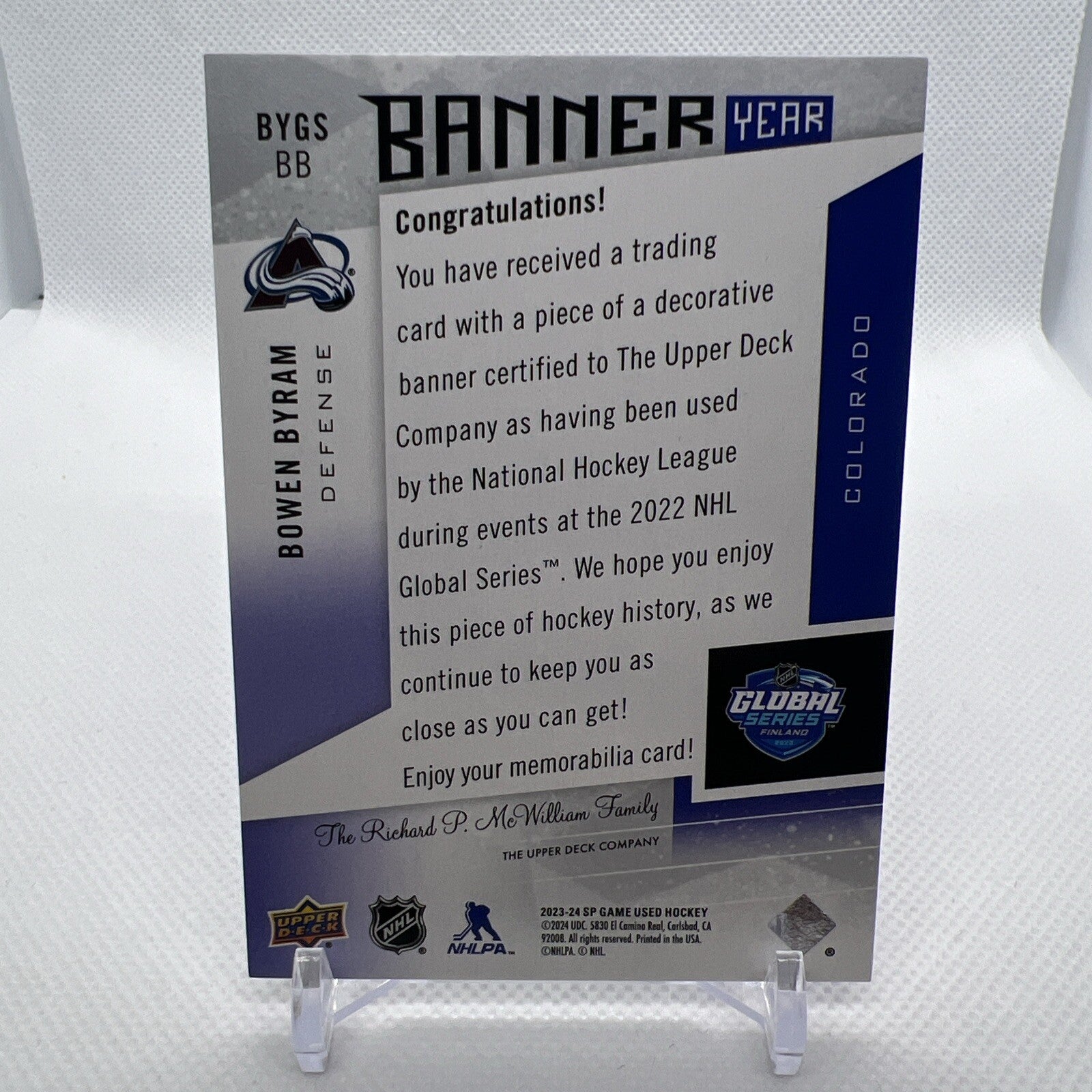Bowen Byram 2023-24 SP Game Used Banner Year Global Series Colorado Avalanche